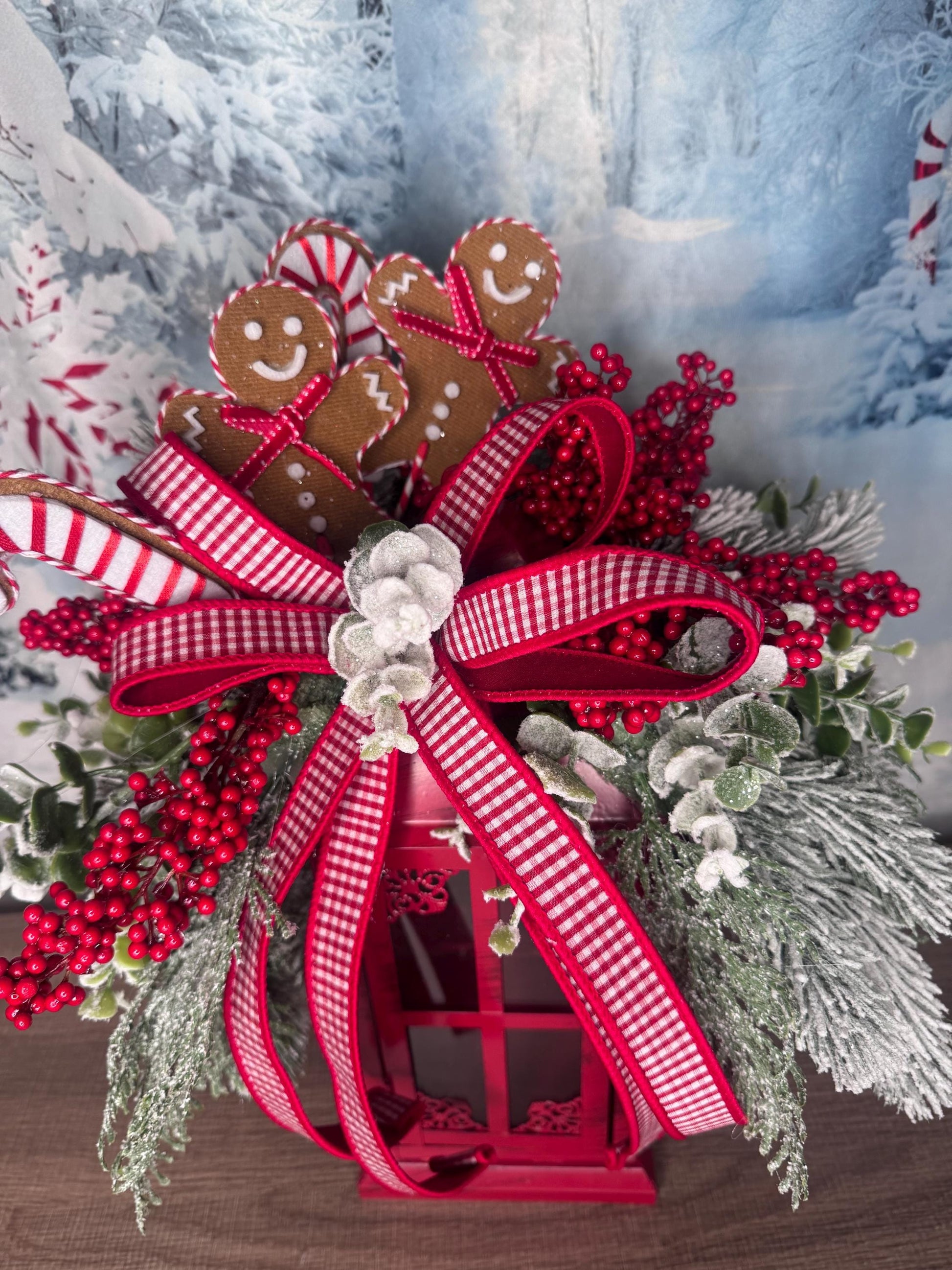 Gingerbread Lantern Table Arrangement, Christmas Centerpiece or Mantle Decor, Traditional Winter Greenery Office Decor
