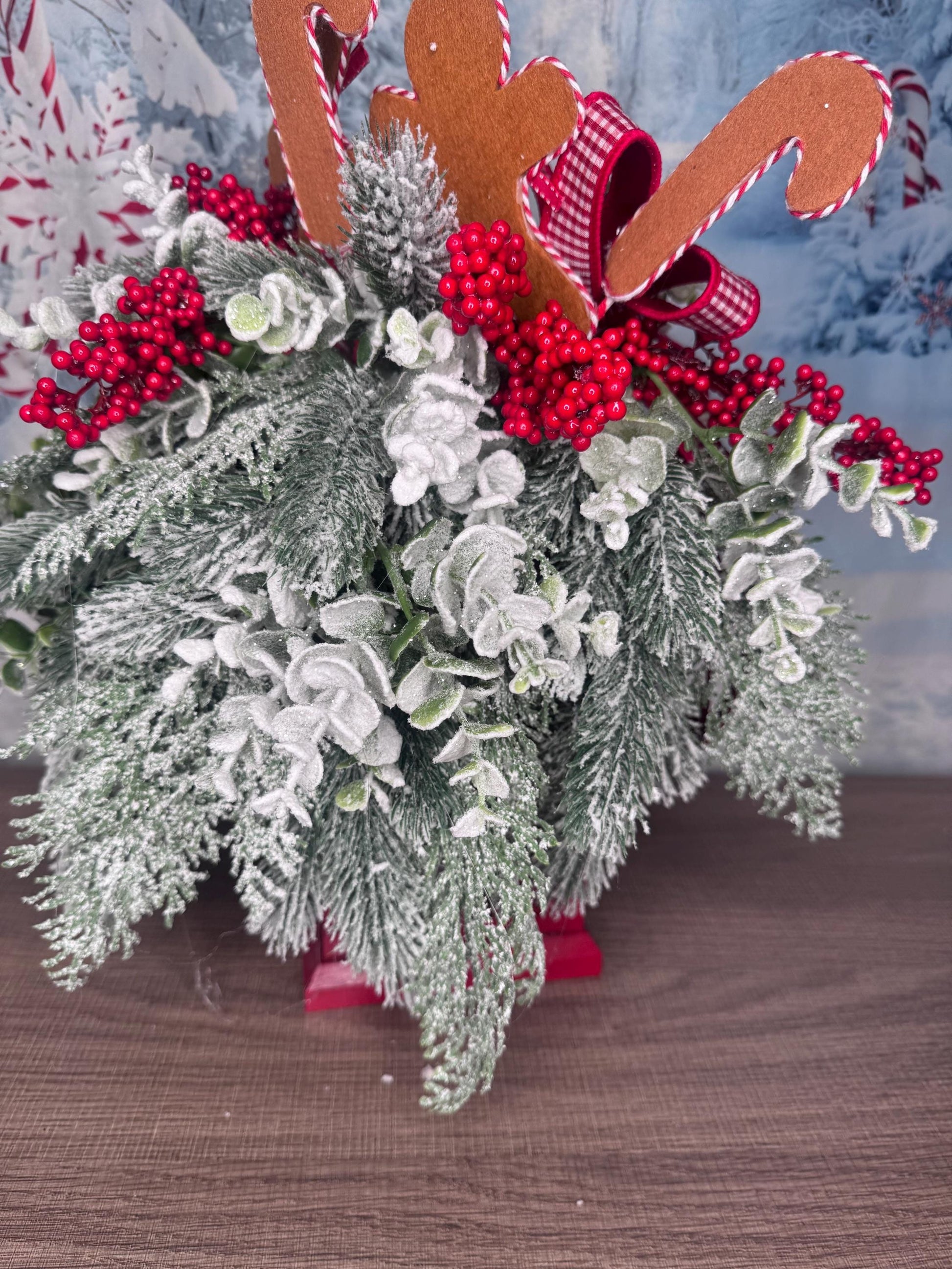 Gingerbread Lantern Table Arrangement, Christmas Centerpiece or Mantle Decor, Traditional Winter Greenery Office Decor
