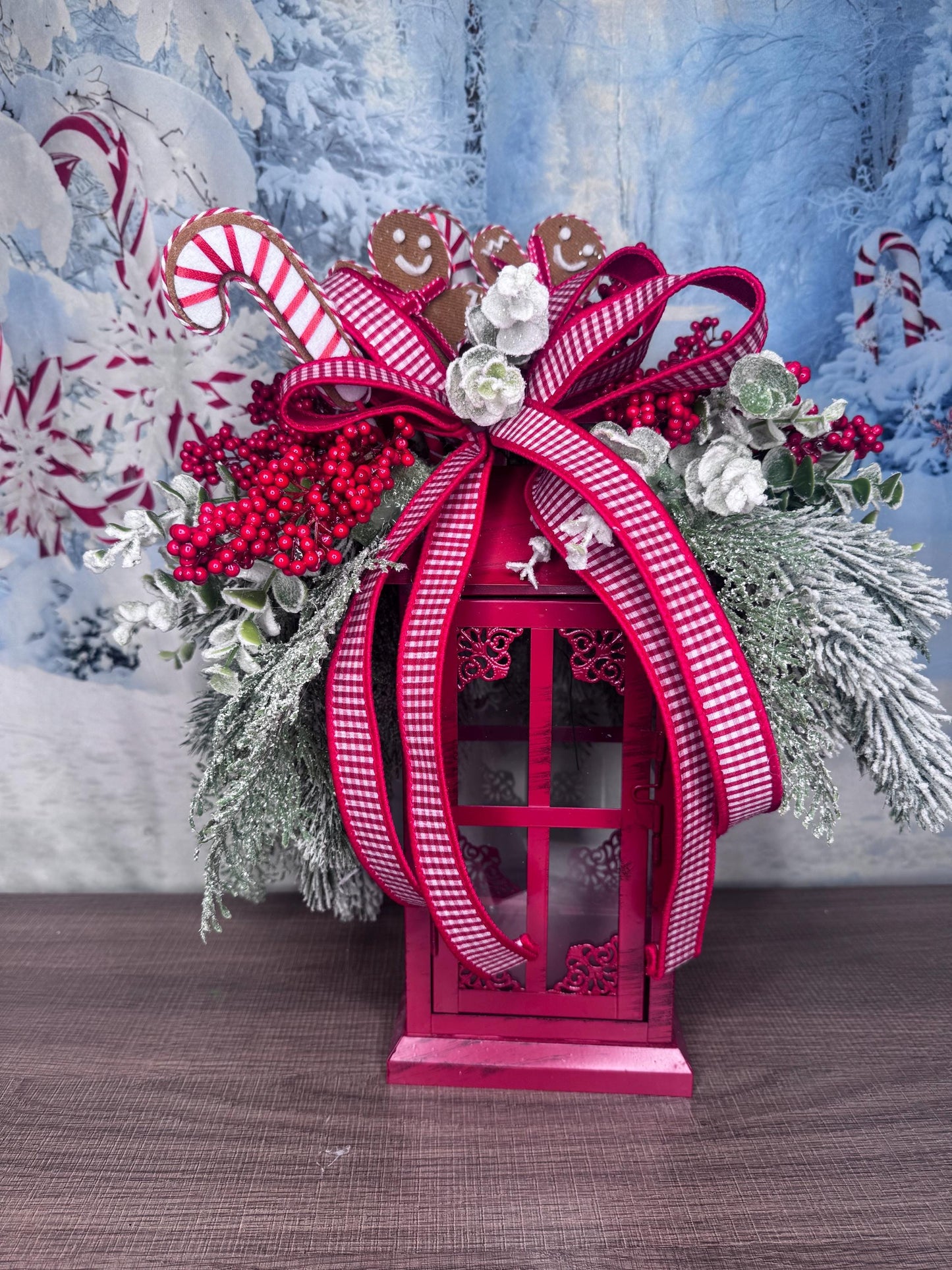 Gingerbread Lantern Table Arrangement, Christmas Centerpiece or Mantle Decor, Traditional Winter Greenery Office Decor