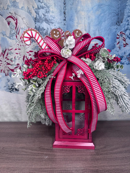 Gingerbread Lantern Table Arrangement, Christmas Centerpiece or Mantle Decor, Traditional Winter Greenery Office Decor