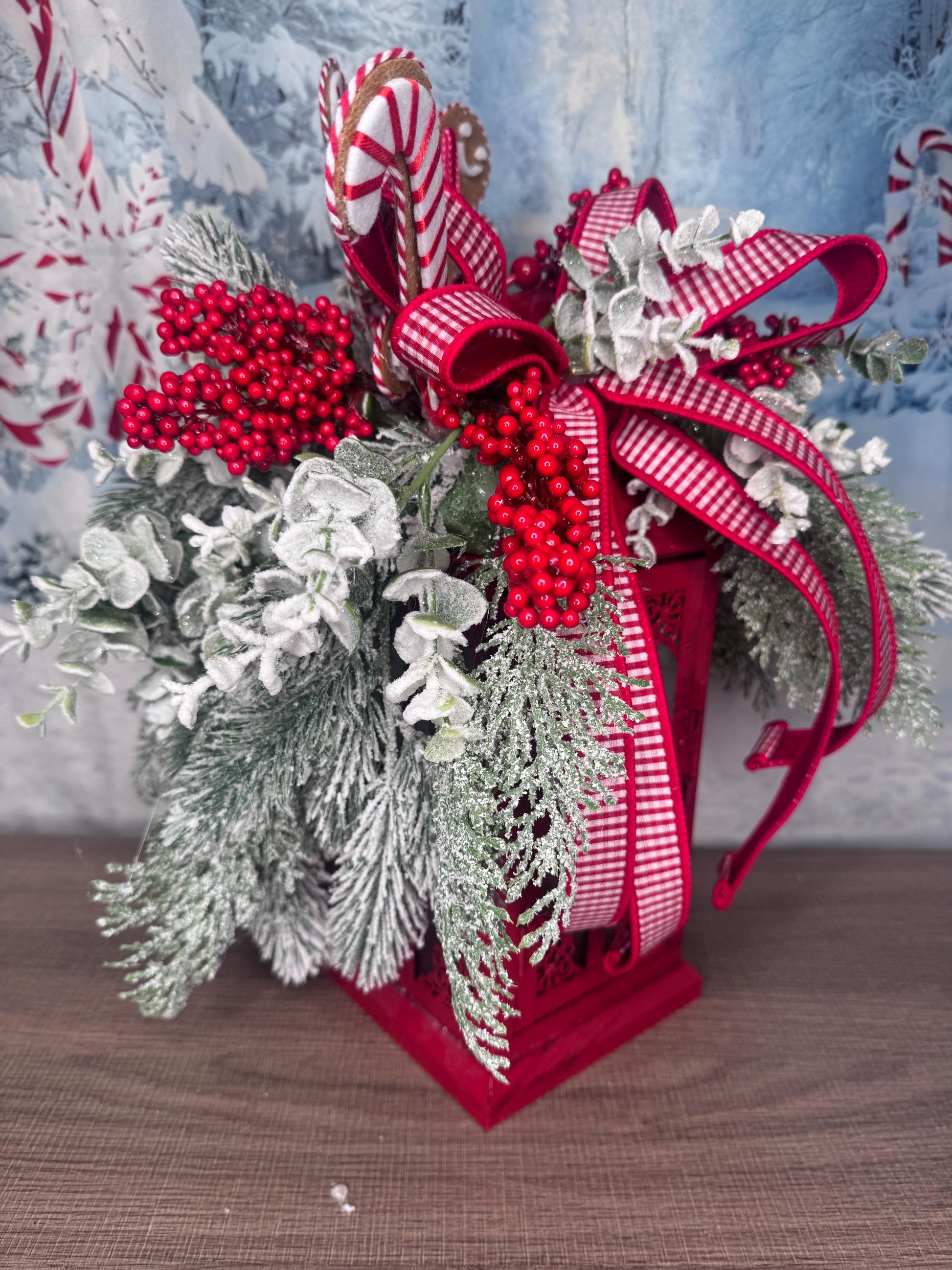Gingerbread Lantern Table Arrangement, Christmas Centerpiece or Mantle Decor, Traditional Winter Greenery Office Decor