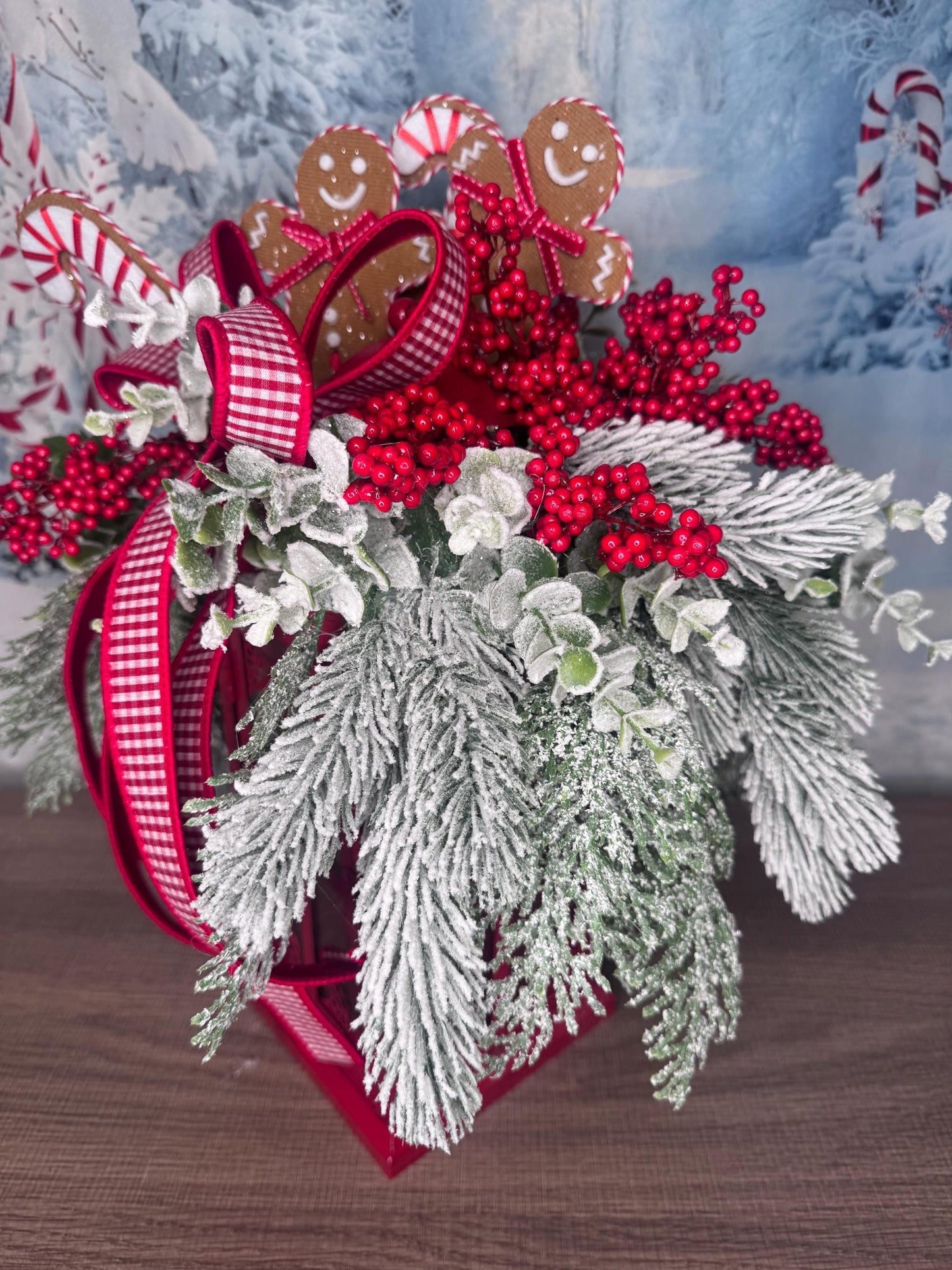 Gingerbread Lantern Table Arrangement, Christmas Centerpiece or Mantle Decor, Traditional Winter Greenery Office Decor