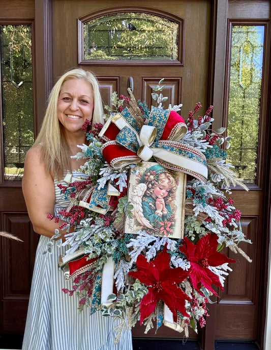 Victorian Angel Christmas Wreath for Front Door, Elegant Holiday Door Decor for Entryway, Traditional Winter Wall Art for Front Porch