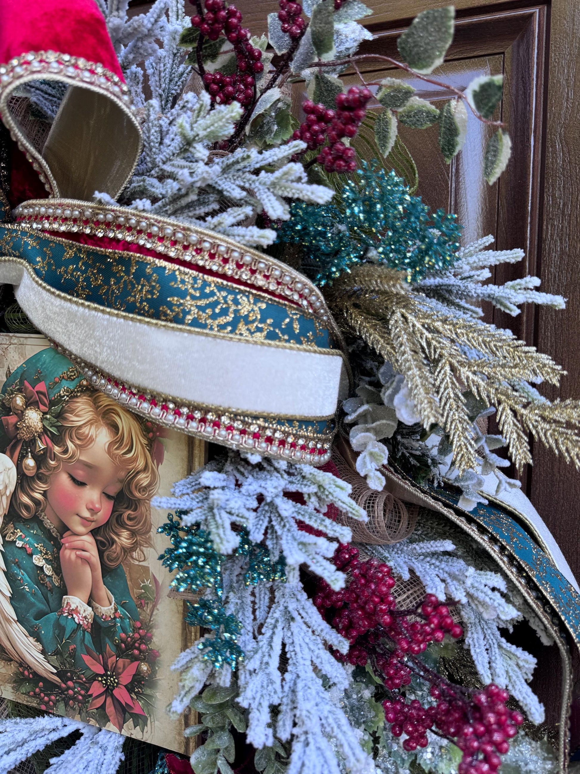 Victorian Angel Christmas Wreath for Front Door, Elegant Holiday Door Decor for Entryway, Traditional Winter Wall Art for Front Porch