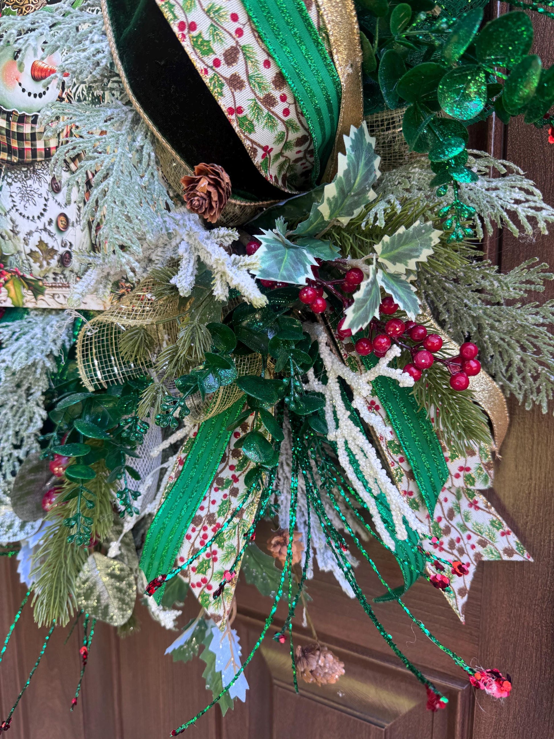 Snowman Winter Wreath for Front Door, Christmas Home Decor for Outdoor Porch or Indoor Office Wall Hanging, Green and White Snowman Decor
