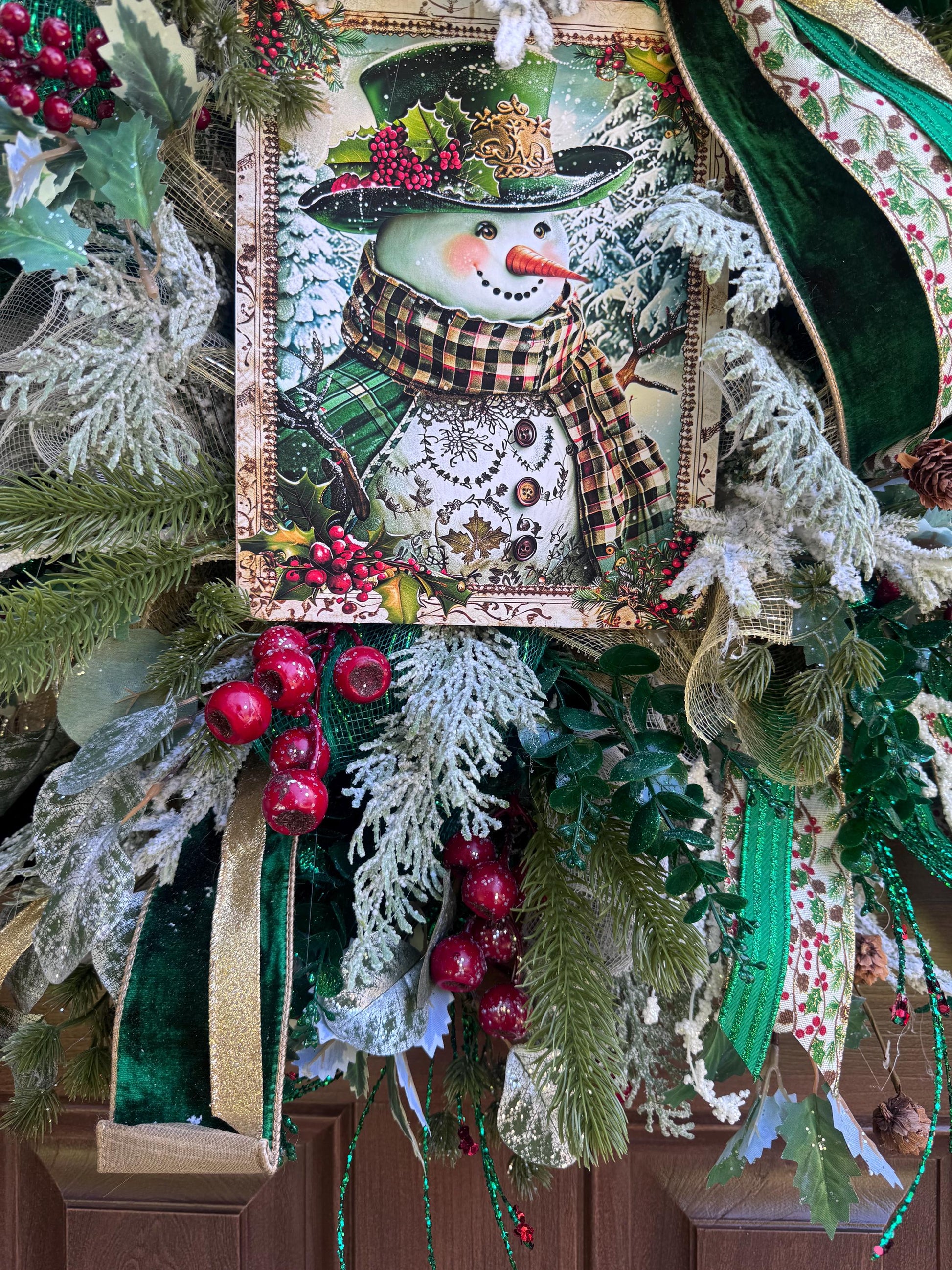 Snowman Winter Wreath for Front Door, Christmas Home Decor for Outdoor Porch or Indoor Office Wall Hanging, Green and White Snowman Decor