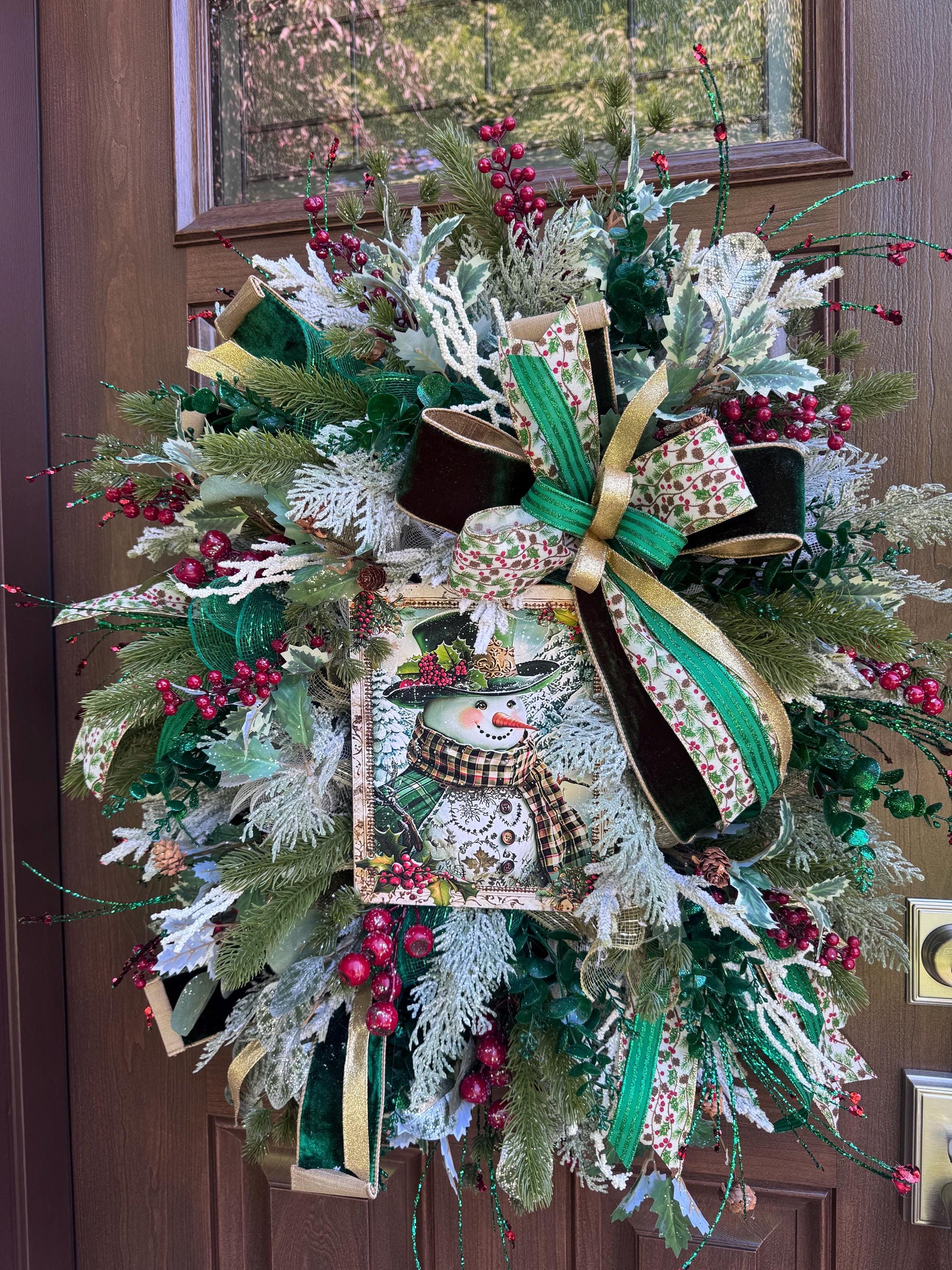 Snowman Winter Wreath for Front Door, Christmas Home Decor for Outdoor Porch or Indoor Office Wall Hanging, Green and White Snowman Decor