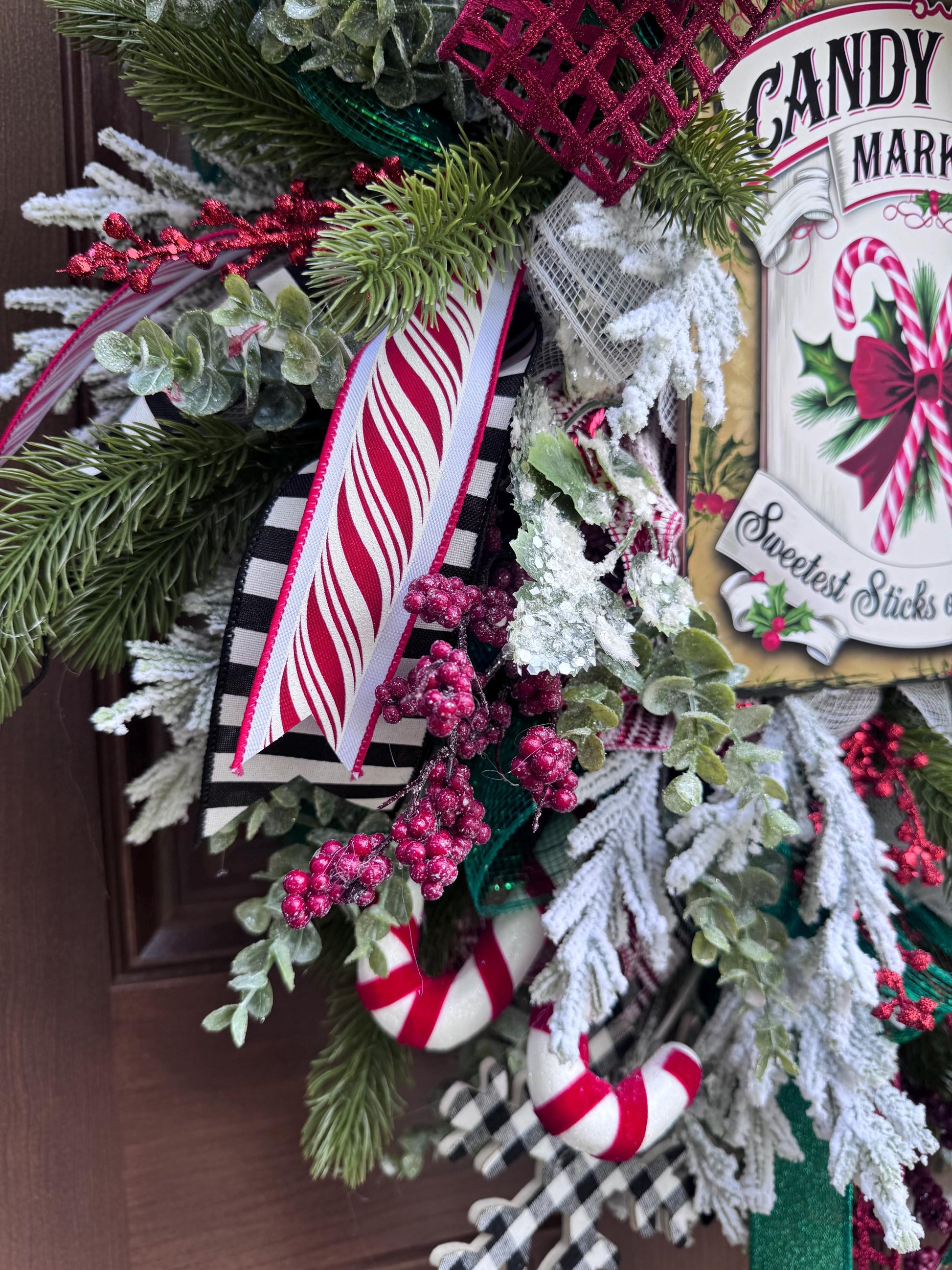 Candy Cane Wreath for Front Door, Rustic Country Candy Holiday Decor for Outdoor Porch or Indoor Office Wall Hanger, Kitchen Winter Decor