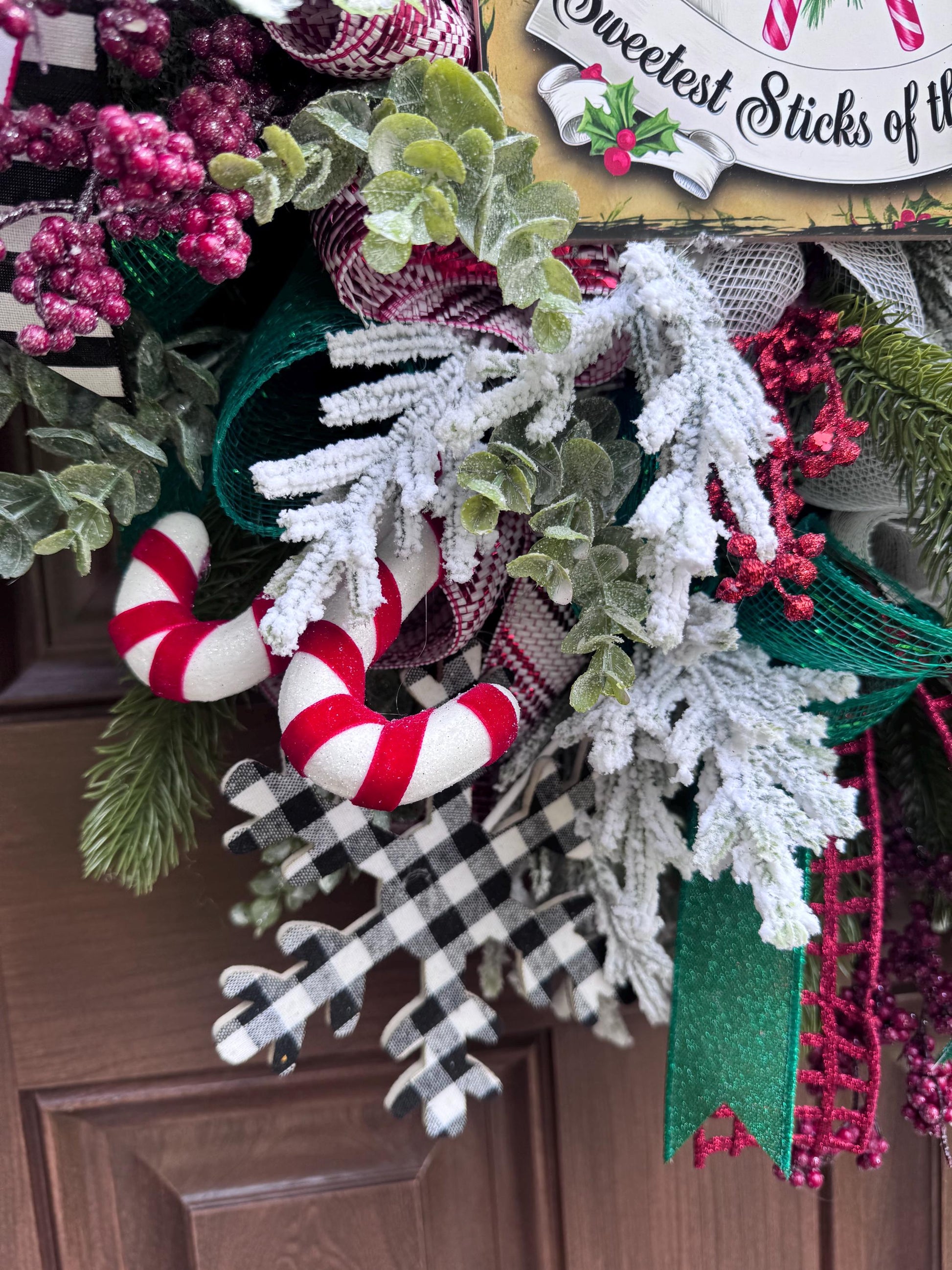 Candy Cane Wreath for Front Door, Rustic Country Candy Holiday Decor for Outdoor Porch or Indoor Office Wall Hanger, Kitchen Winter Decor