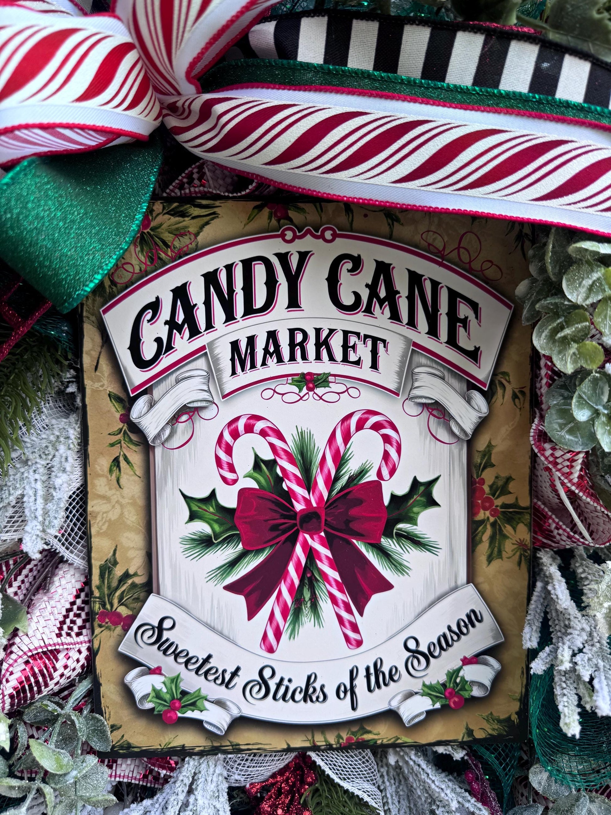 Candy Cane Wreath for Front Door, Rustic Country Candy Holiday Decor for Outdoor Porch or Indoor Office Wall Hanger, Kitchen Winter Decor