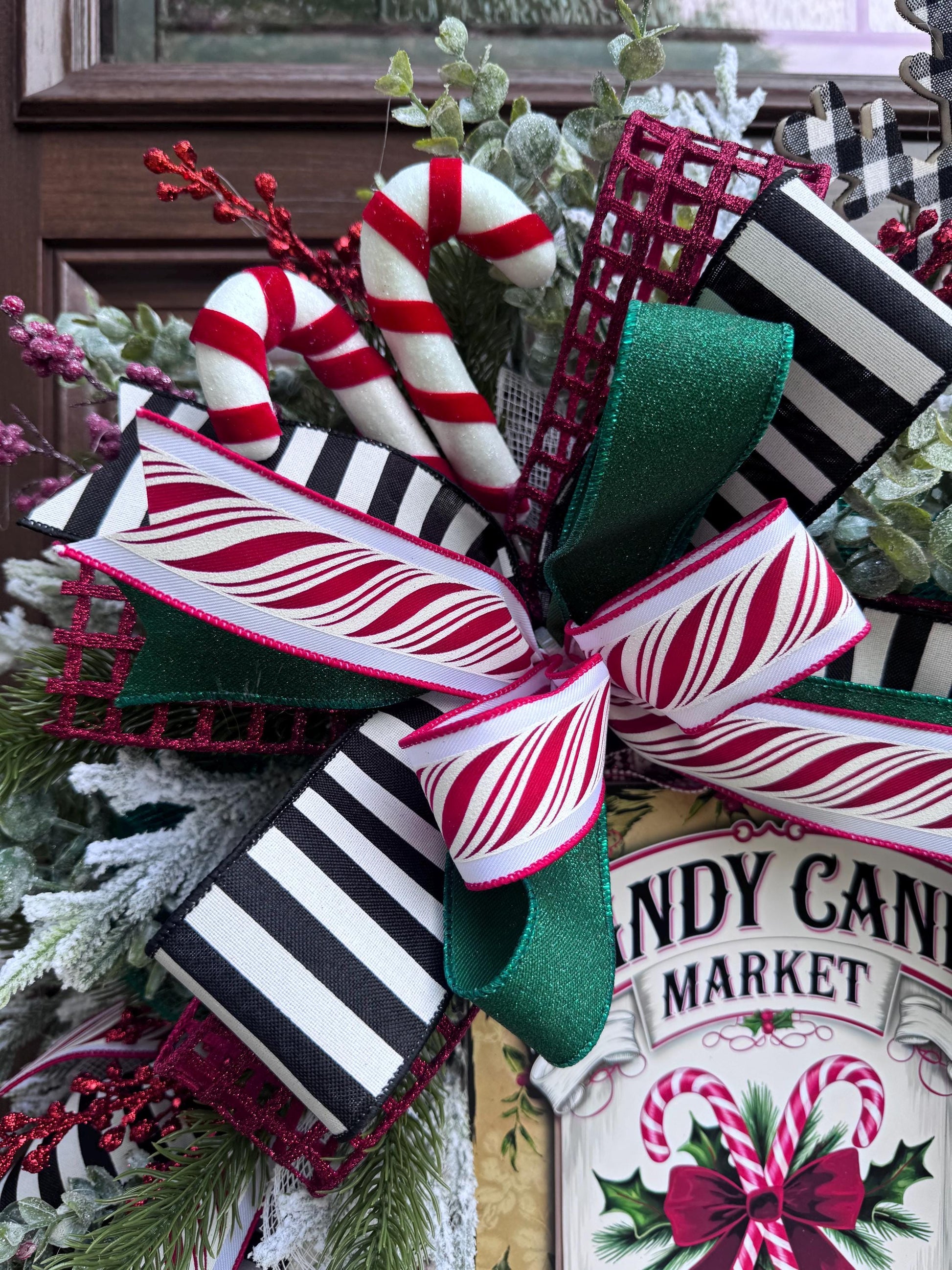 Candy Cane Wreath for Front Door, Rustic Country Candy Holiday Decor for Outdoor Porch or Indoor Office Wall Hanger, Kitchen Winter Decor