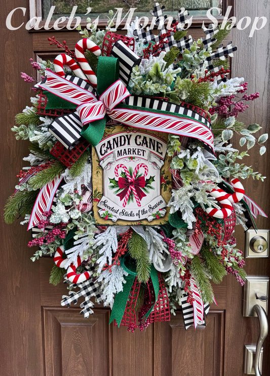 Candy Cane Wreath for Front Door, Rustic Country Candy Holiday Decor for Outdoor Porch or Indoor Office Wall Hanger, Kitchen Winter Decor