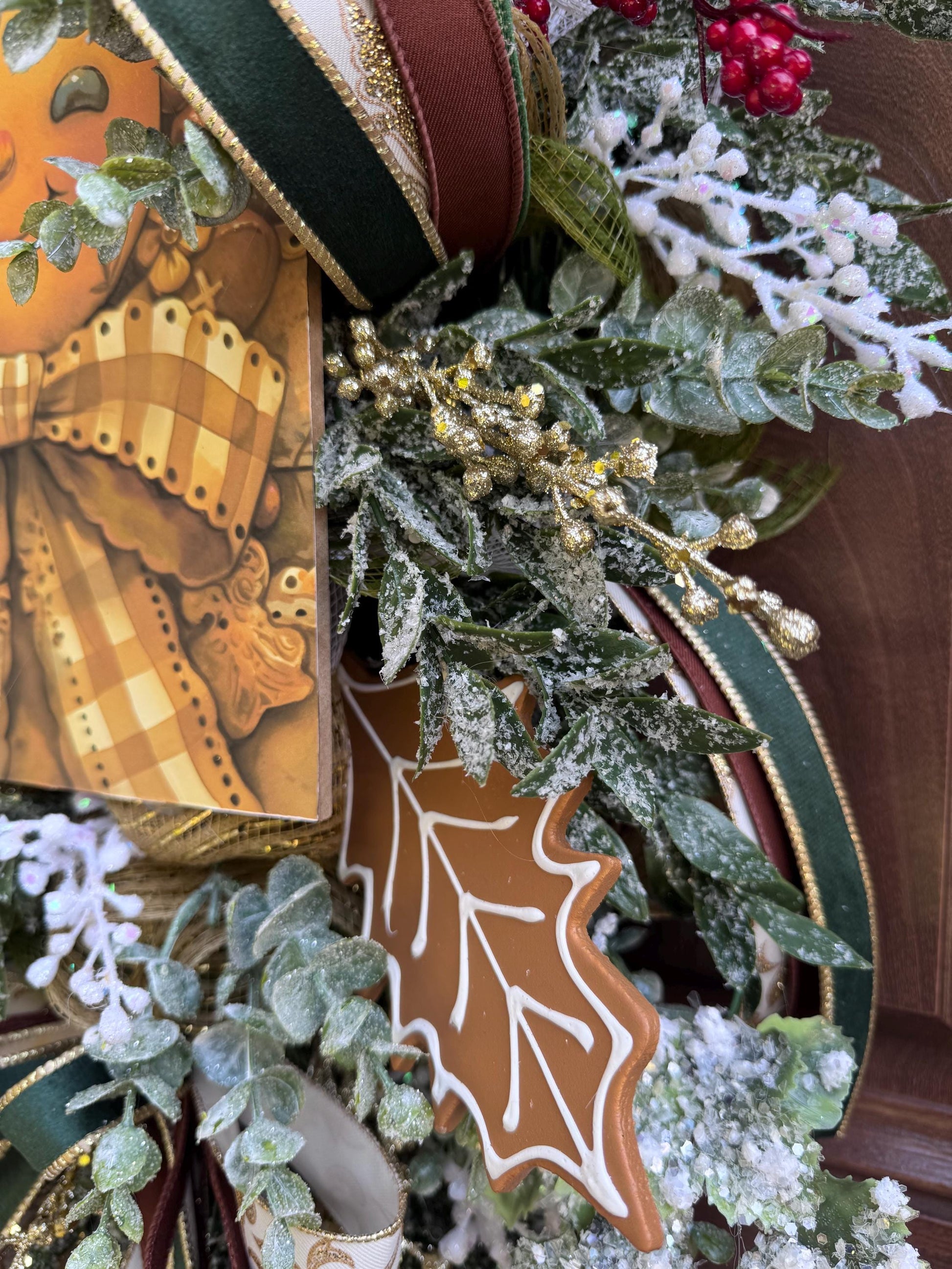 Gingerbread Christmas Wreath, Holiday Door Swag, Rustic Farmhouse Front Porch Décor, Winter Country Wall Hanging
