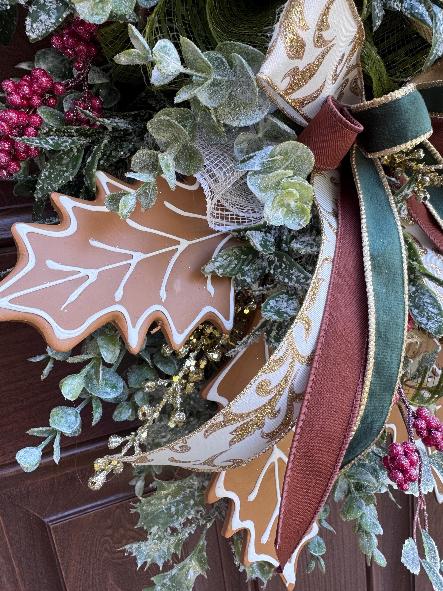 Gingerbread Christmas Wreath, Holiday Door Swag, Rustic Farmhouse Front Porch Décor, Winter Country Wall Hanging