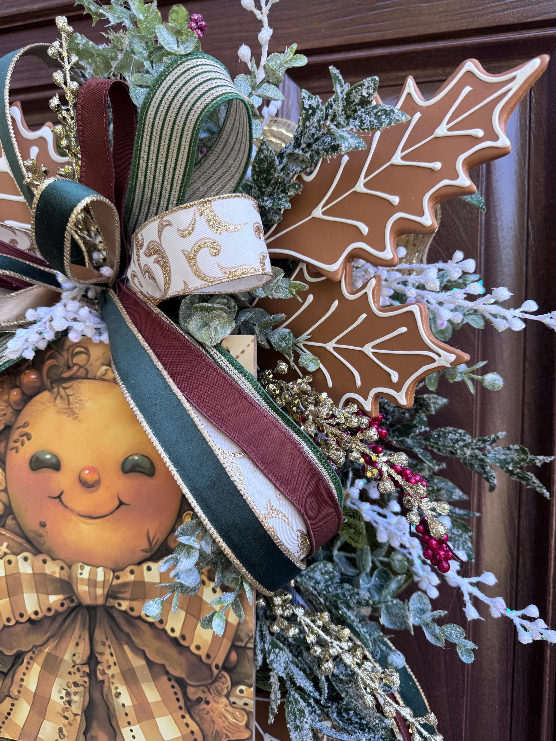 Gingerbread Christmas Wreath, Holiday Door Swag, Rustic Farmhouse Front Porch Décor, Winter Country Wall Hanging