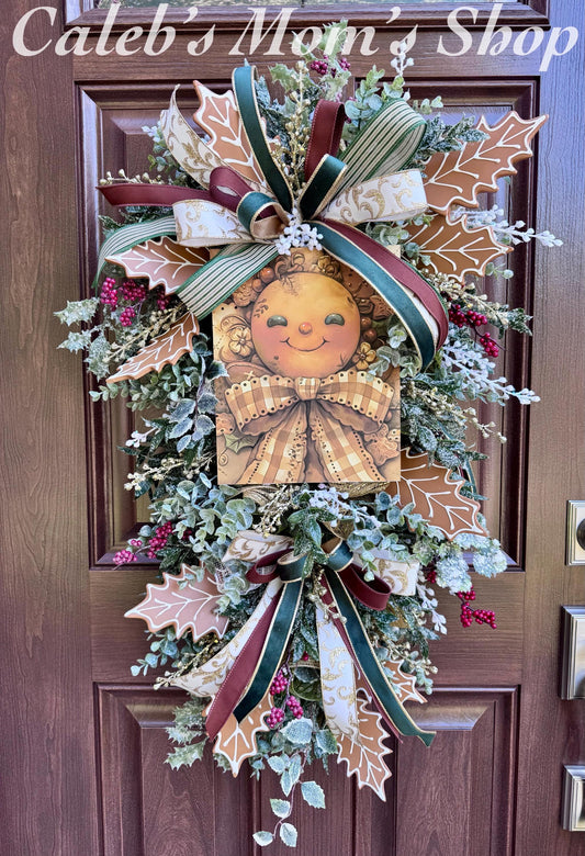 Gingerbread Christmas Wreath, Holiday Door Swag, Rustic Farmhouse Front Porch Décor, Winter Country Wall Hanging
