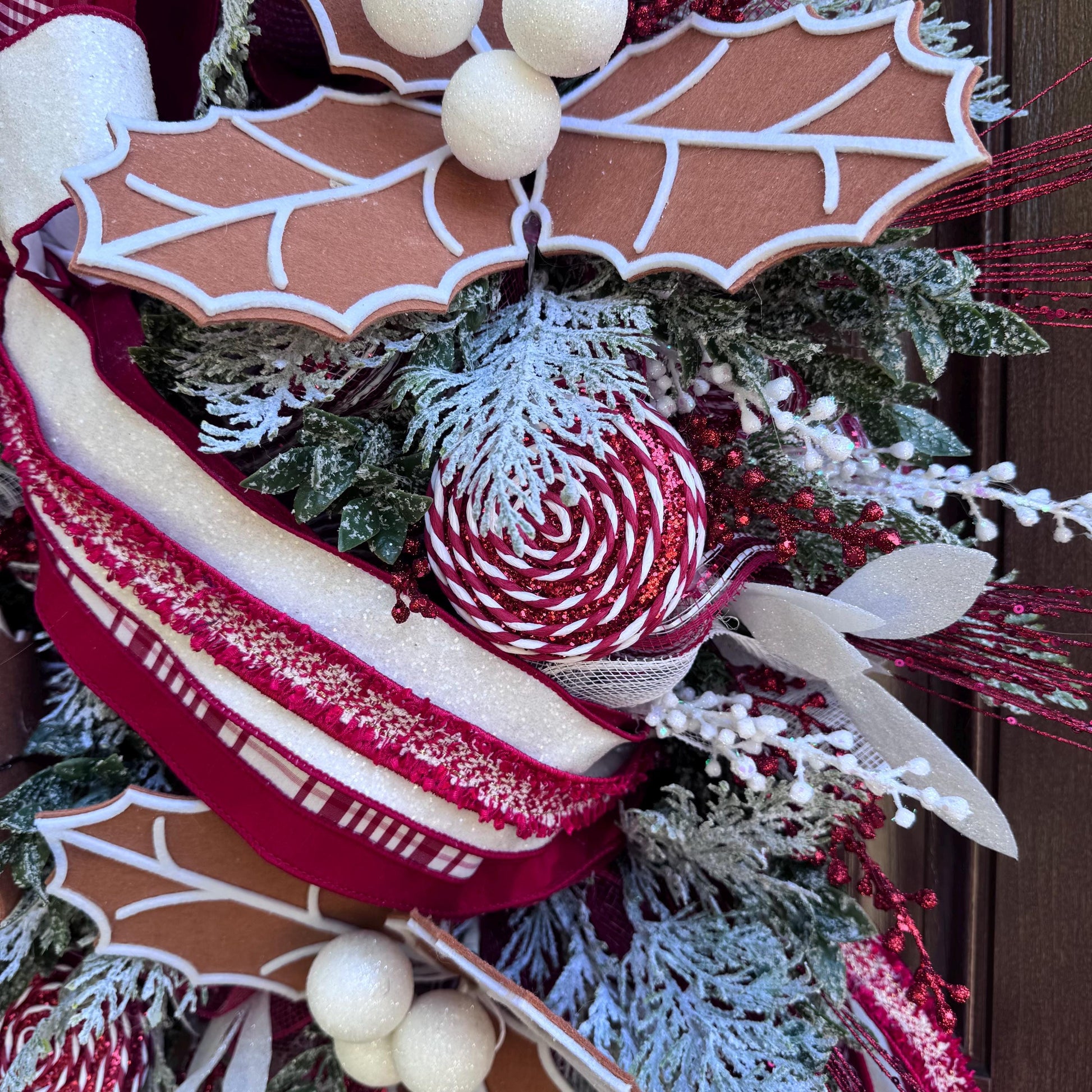 Gingerbread Christmas Wreath, Red and White Holiday Decor for Front Door or Outdoor Porch, Gingerbread Winter Holiday Leaf Bow Wreath
