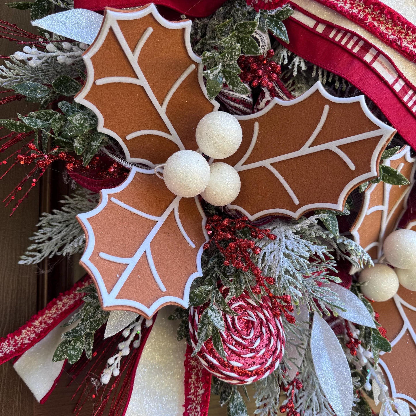 Gingerbread Christmas Wreath, Red and White Holiday Decor for Front Door or Outdoor Porch, Gingerbread Winter Holiday Leaf Bow Wreath