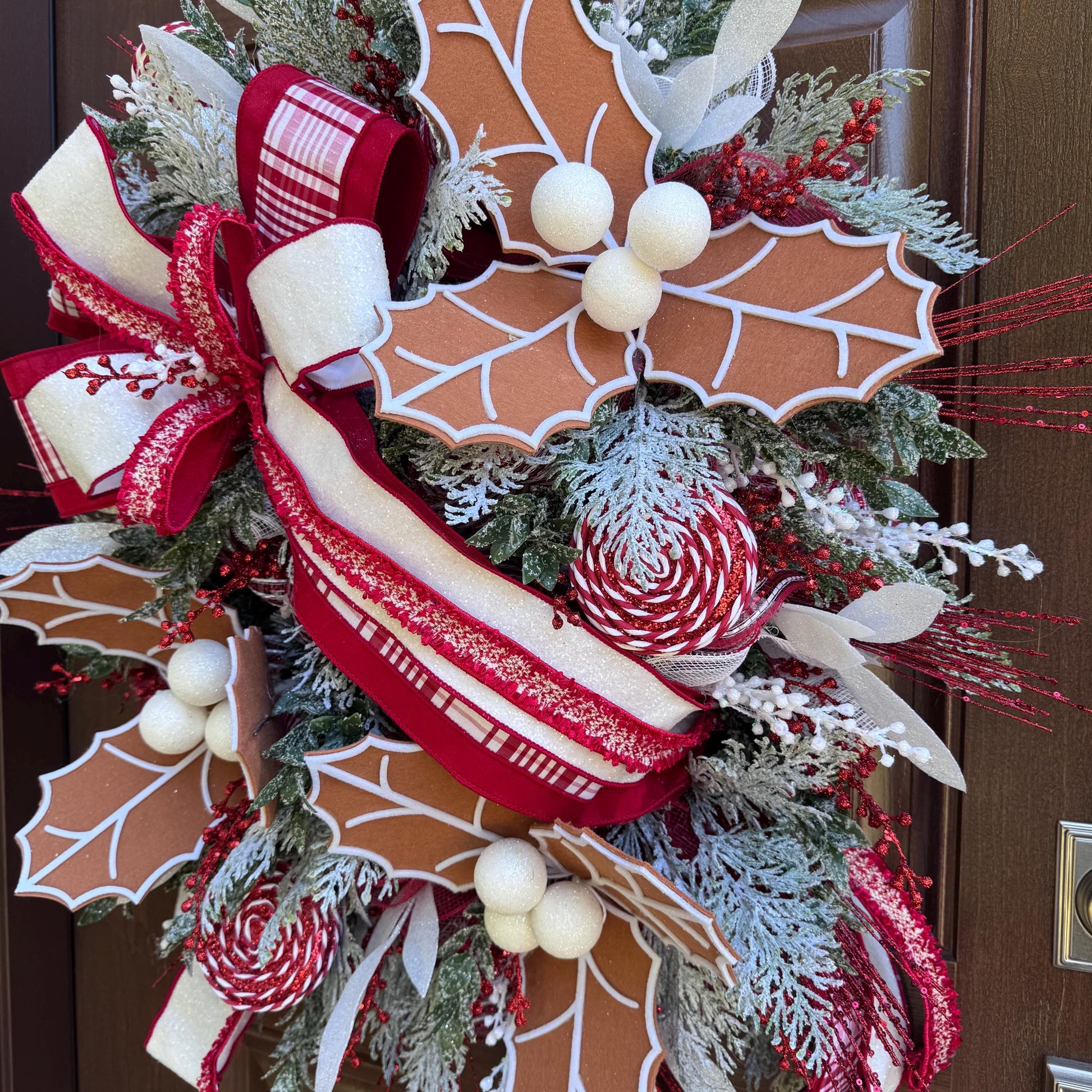 Gingerbread Christmas Wreath, Red and White Holiday Decor for Front Door or Outdoor Porch, Gingerbread Winter Holiday Leaf Bow Wreath