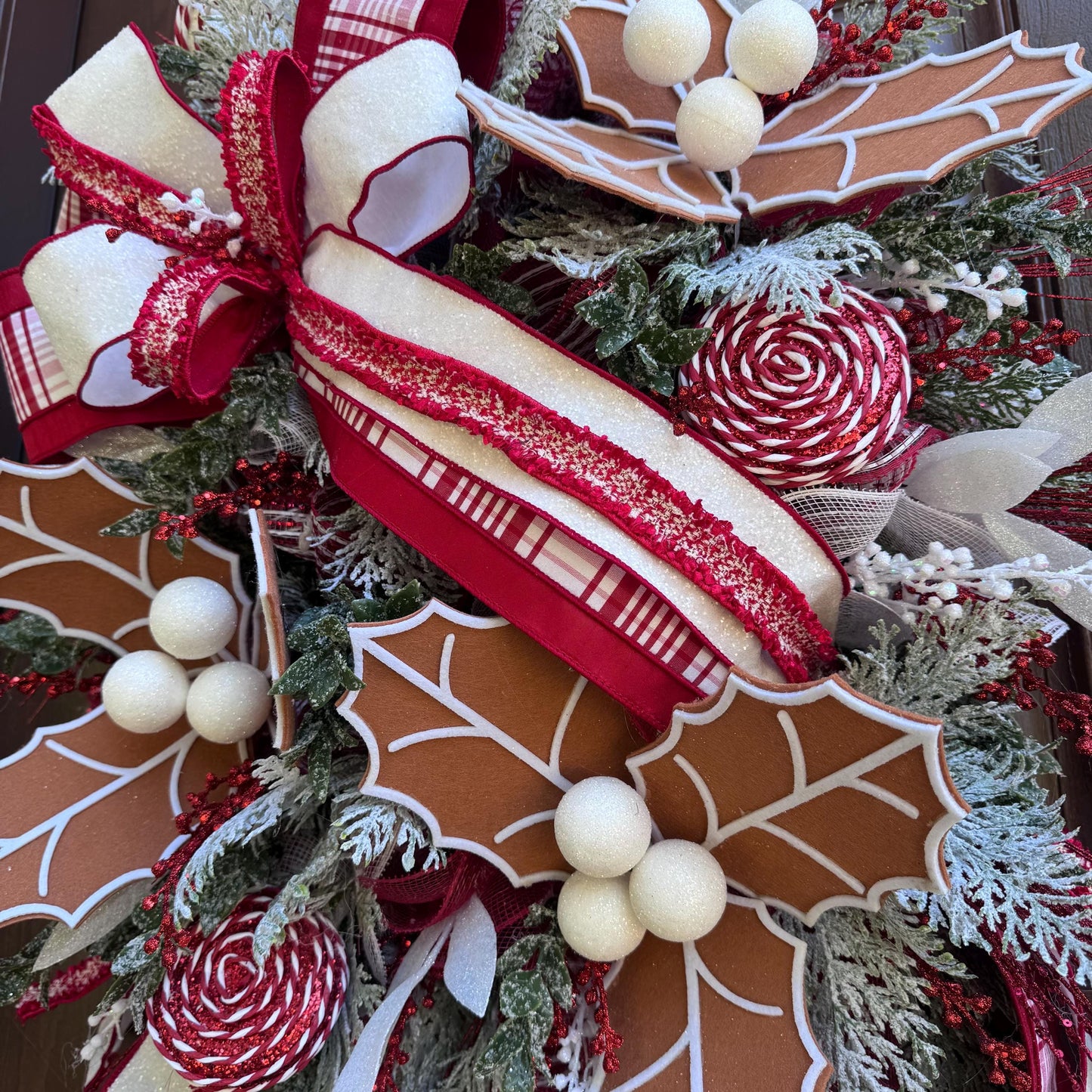 Gingerbread Christmas Wreath, Red and White Holiday Decor for Front Door or Outdoor Porch, Gingerbread Winter Holiday Leaf Bow Wreath