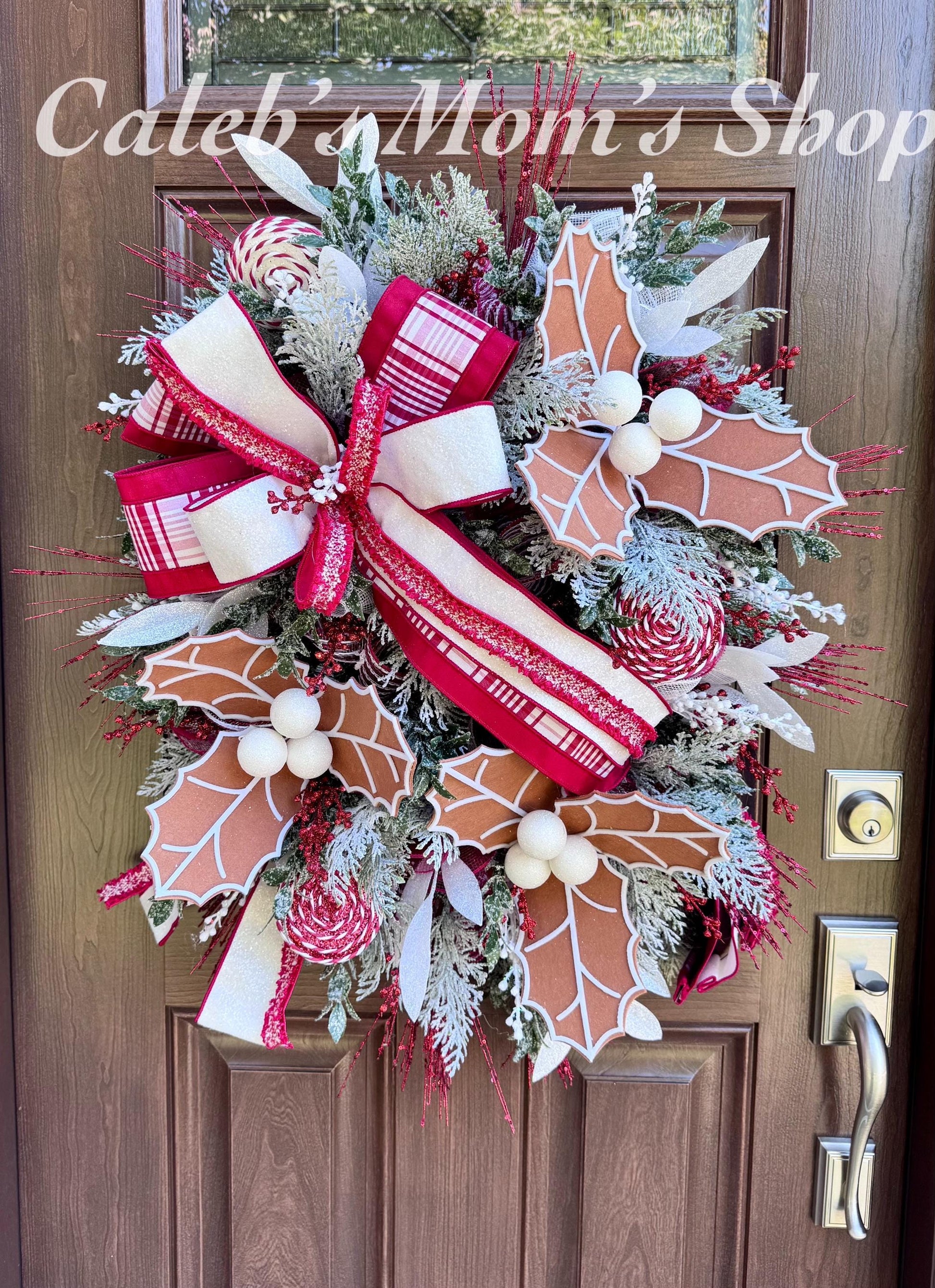 Gingerbread Christmas Wreath, Red and White Holiday Decor for Front Door or Outdoor Porch, Gingerbread Winter Holiday Leaf Bow Wreath