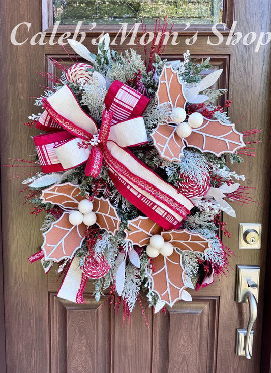 Gingerbread Christmas Wreath, Red and White Holiday Decor for Front Door or Outdoor Porch, Gingerbread Winter Holiday Leaf Bow Wreath