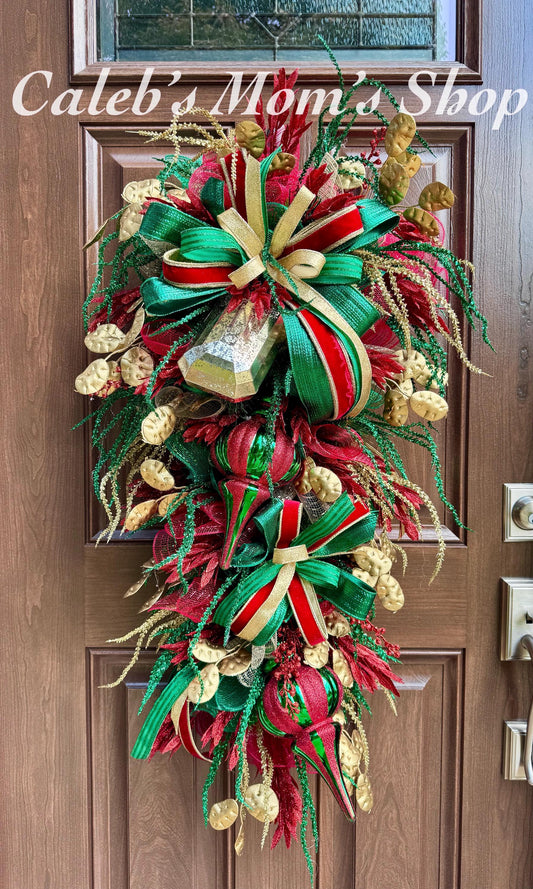 Glam Christmas and Winter Swag Wreath for Front Door, Traditional Luxury Jewel Home Decor for Porch or Indoor Office Holiday Wall Hanger
