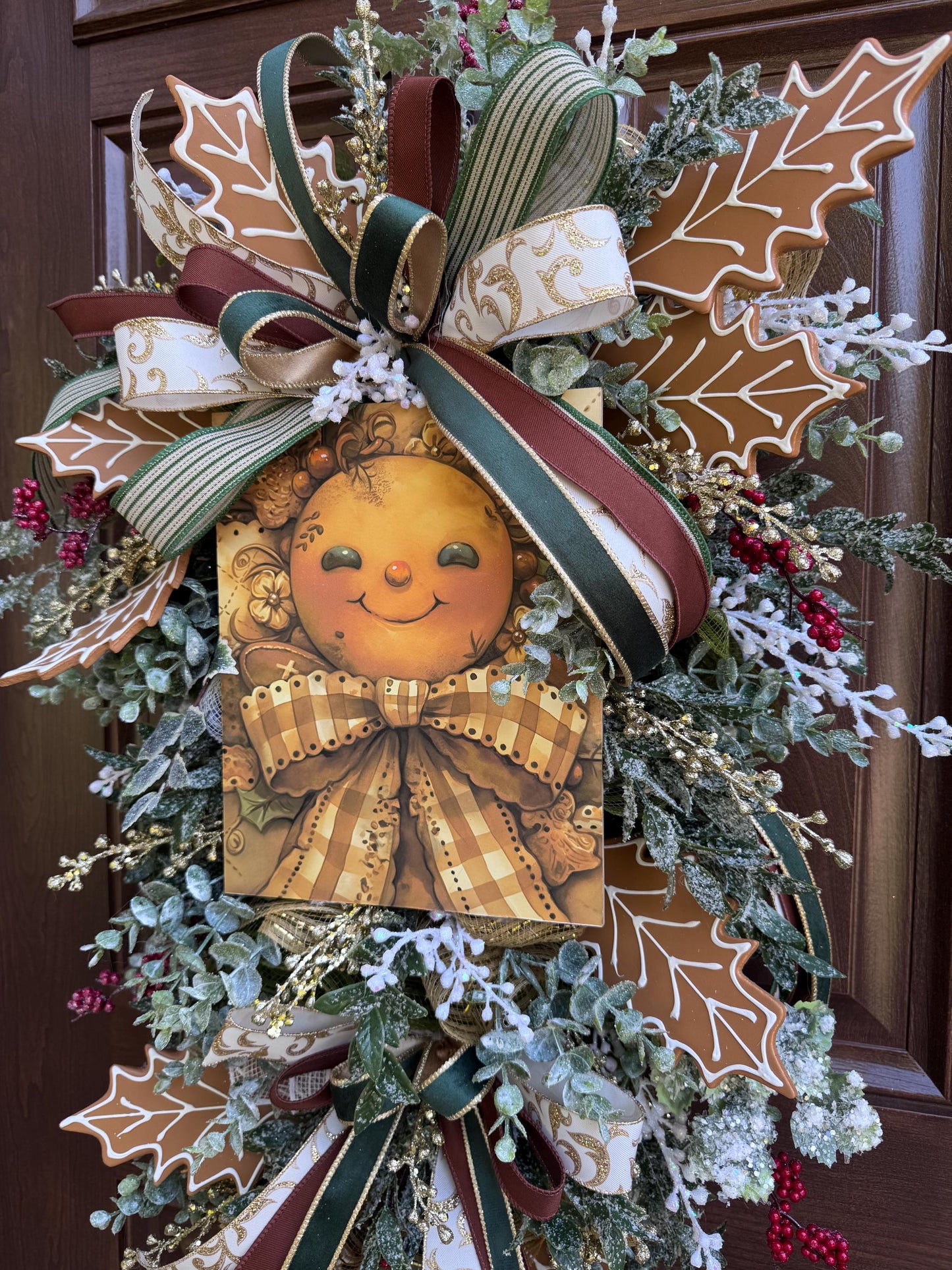 Gingerbread Christmas Wreath, Holiday Door Swag, Rustic Farmhouse Front Porch Décor, Winter Country Wall Hanging