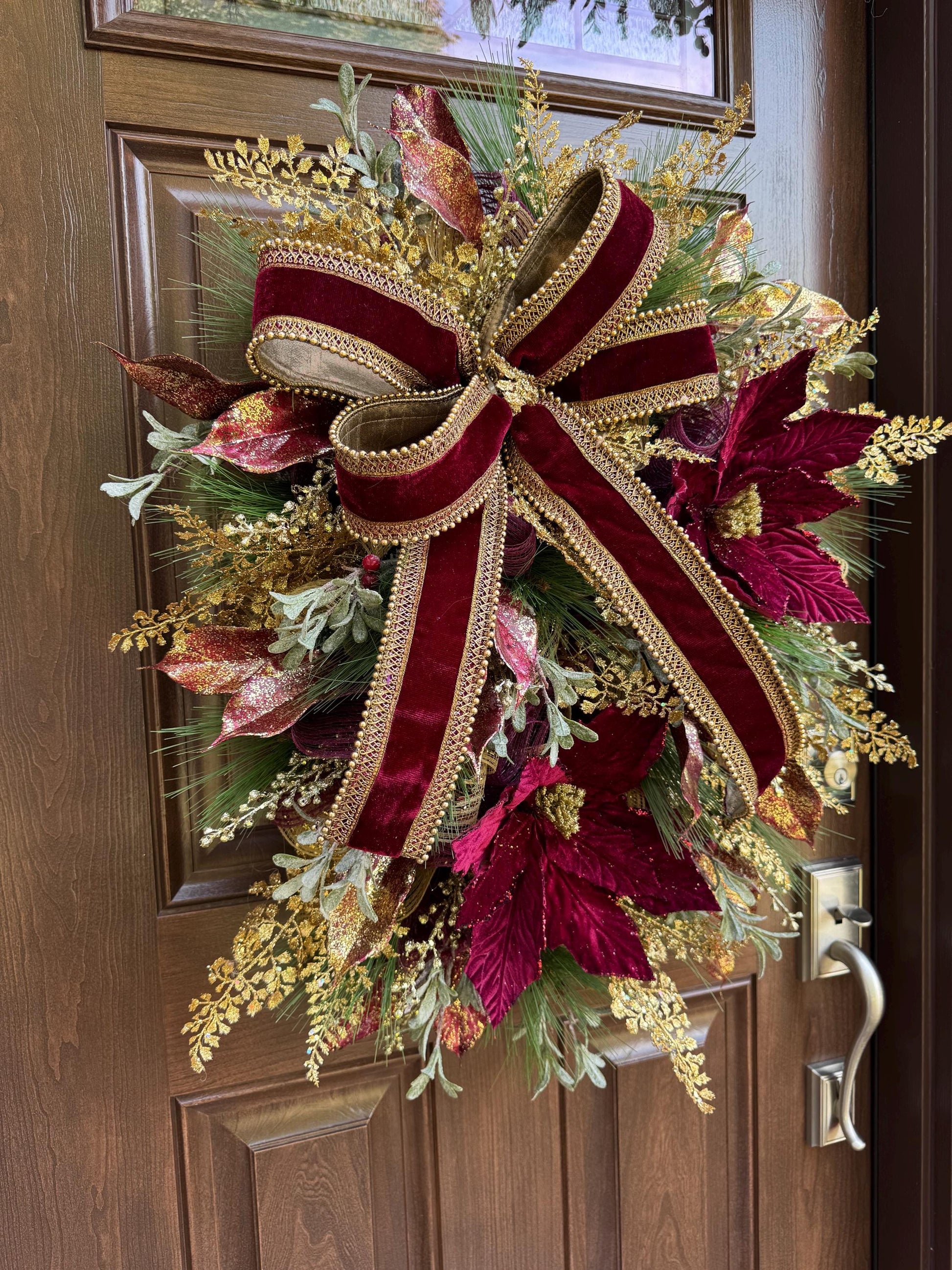 Elegant Burgundy and Gold Christmas Wreath – Velvet Bow & Poinsettias, Holiday Front Door Decor, Glamorous Winter Wreath