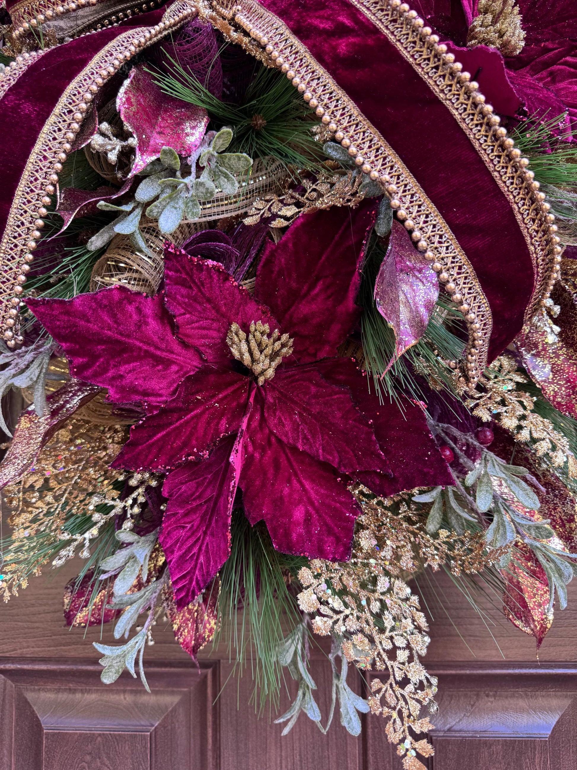 Elegant Burgundy and Gold Christmas Wreath – Velvet Bow & Poinsettias, Holiday Front Door Decor, Glamorous Winter Wreath