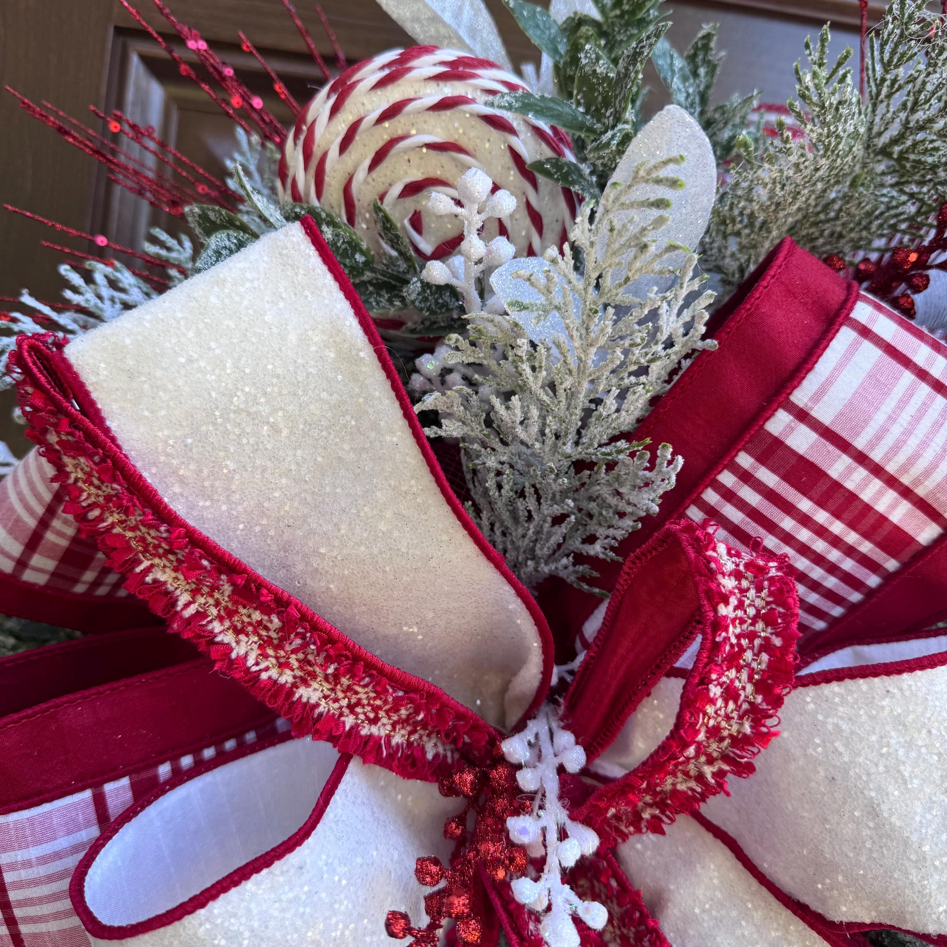 Gingerbread Christmas Wreath, Red and White Holiday Decor for Front Door or Outdoor Porch, Gingerbread Winter Holiday Leaf Bow Wreath