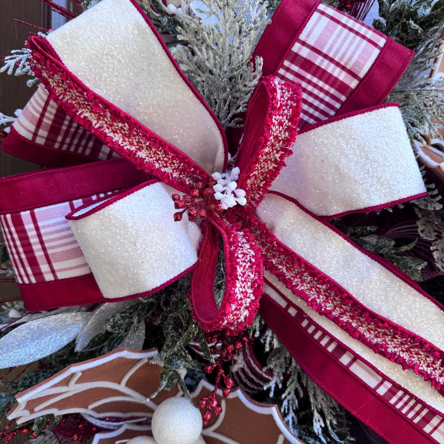 Gingerbread Christmas Wreath, Red and White Holiday Decor for Front Door or Outdoor Porch, Gingerbread Winter Holiday Leaf Bow Wreath
