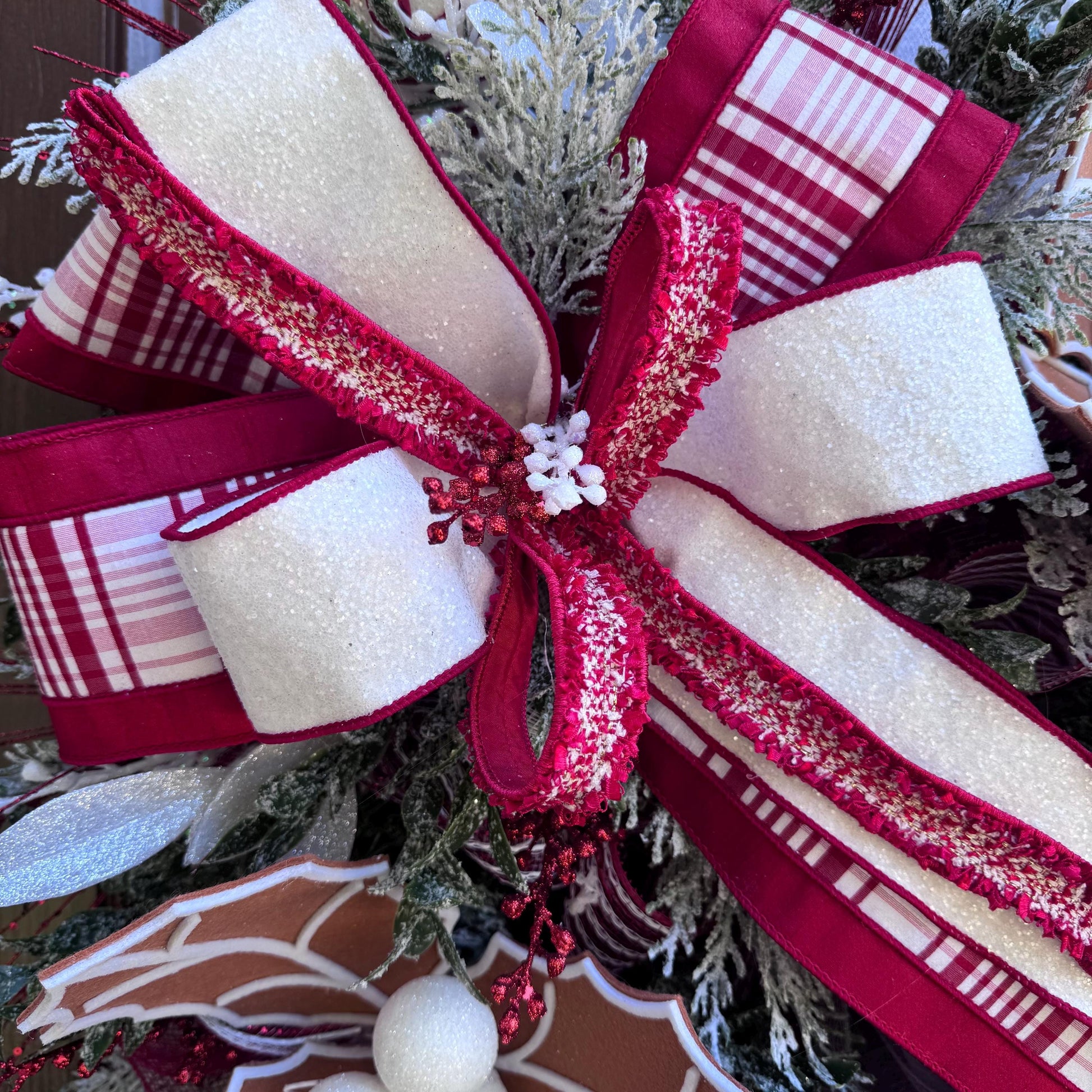 Gingerbread Christmas Wreath, Red and White Holiday Decor for Front Door or Outdoor Porch, Gingerbread Winter Holiday Leaf Bow Wreath