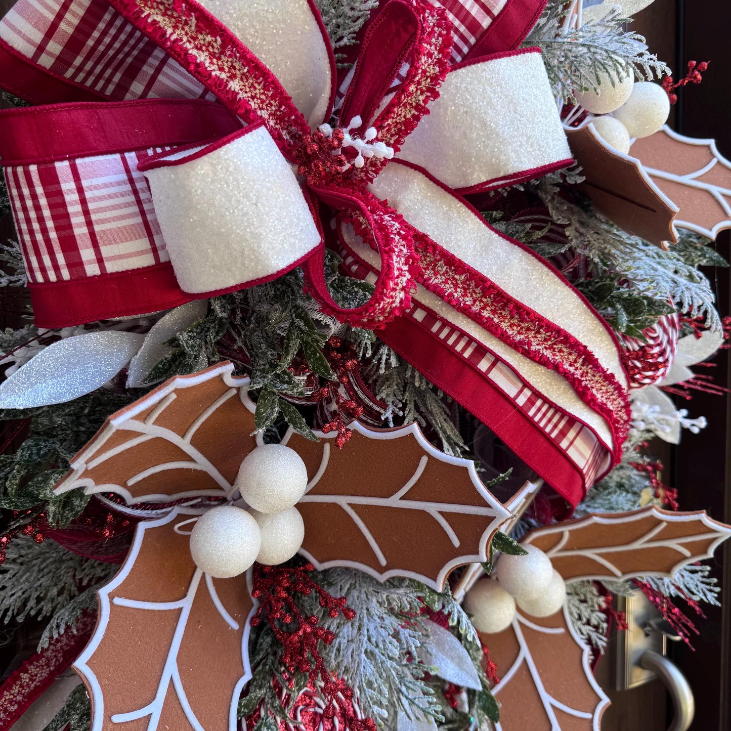 Gingerbread Christmas Wreath, Red and White Holiday Decor for Front Door or Outdoor Porch, Gingerbread Winter Holiday Leaf Bow Wreath