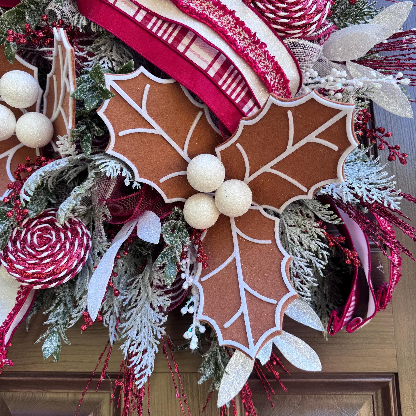 Gingerbread Christmas Wreath, Red and White Holiday Decor for Front Door or Outdoor Porch, Gingerbread Winter Holiday Leaf Bow Wreath