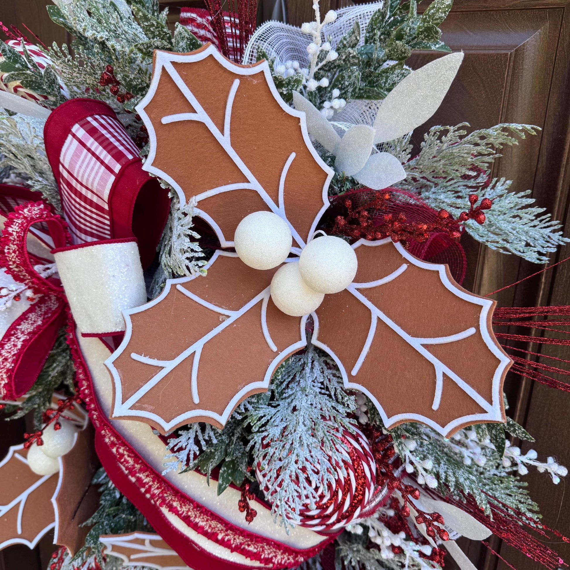 Gingerbread Christmas Wreath, Red and White Holiday Decor for Front Door or Outdoor Porch, Gingerbread Winter Holiday Leaf Bow Wreath