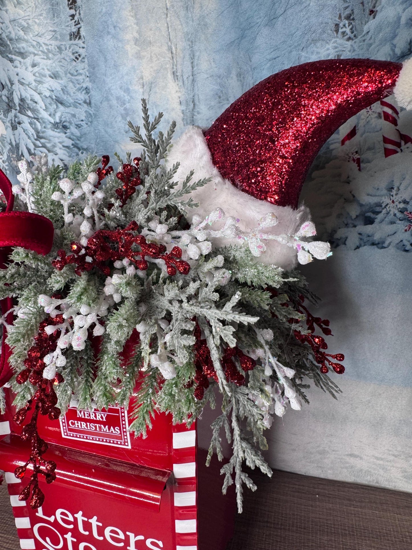 Letters to Santa Holiday Table Arrangement, Christmas Centerpiece or Mantle Decor, Traditional Christmas Greenery Office Decor