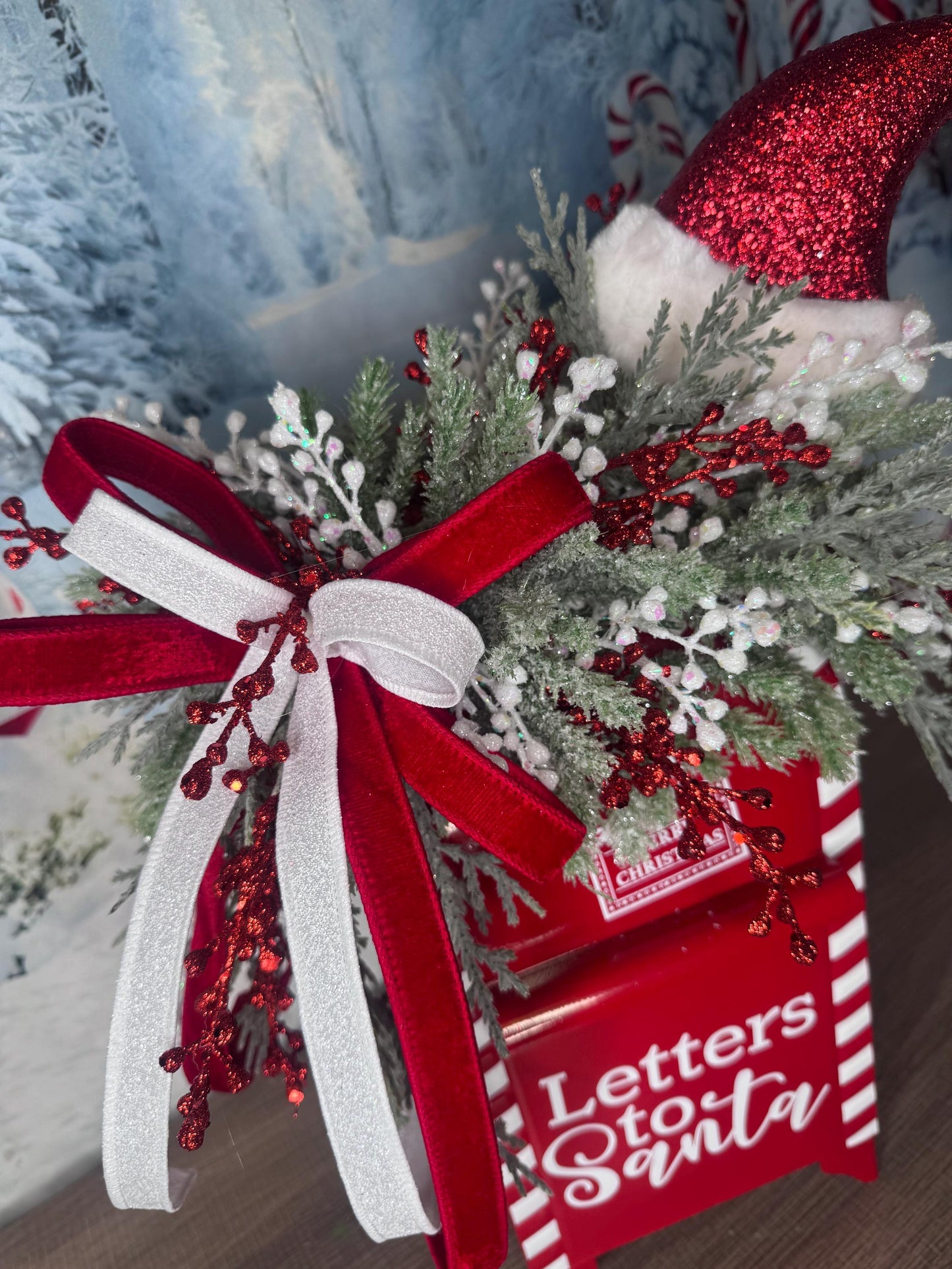 Letters to Santa Holiday Table Arrangement, Christmas Centerpiece or Mantle Decor, Traditional Christmas Greenery Office Decor