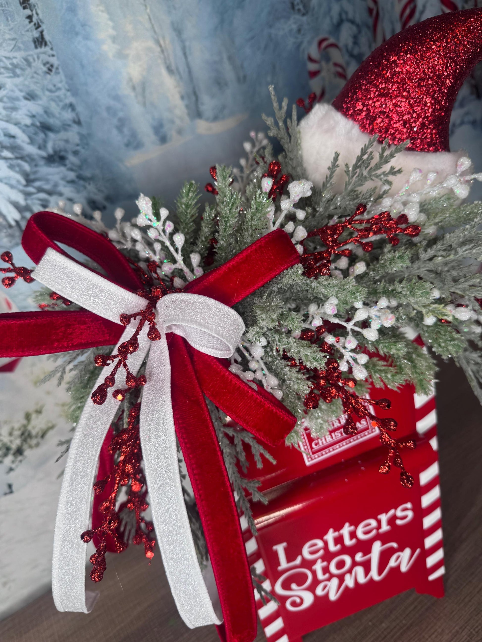 Letters to Santa Holiday Table Arrangement, Christmas Centerpiece or Mantle Decor, Traditional Christmas Greenery Office Decor