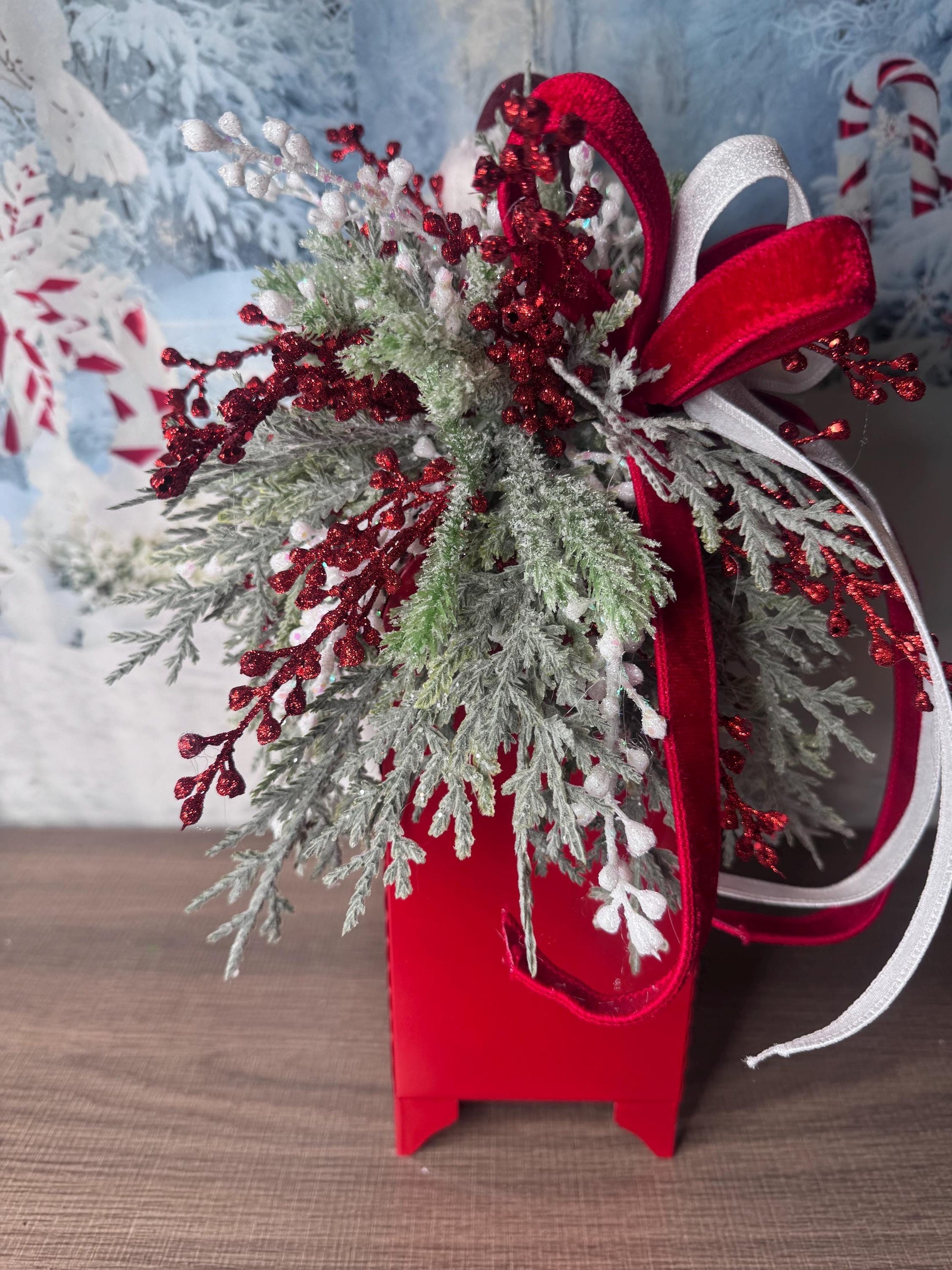 Letters to Santa Holiday Table Arrangement, Christmas Centerpiece or Mantle Decor, Traditional Christmas Greenery Office Decor