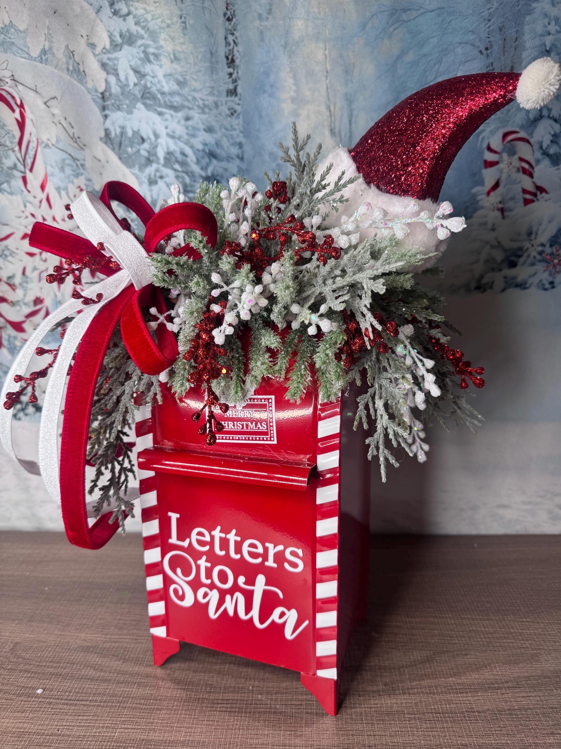 Letters to Santa Holiday Table Arrangement, Christmas Centerpiece or Mantle Decor, Traditional Christmas Greenery Office Decor