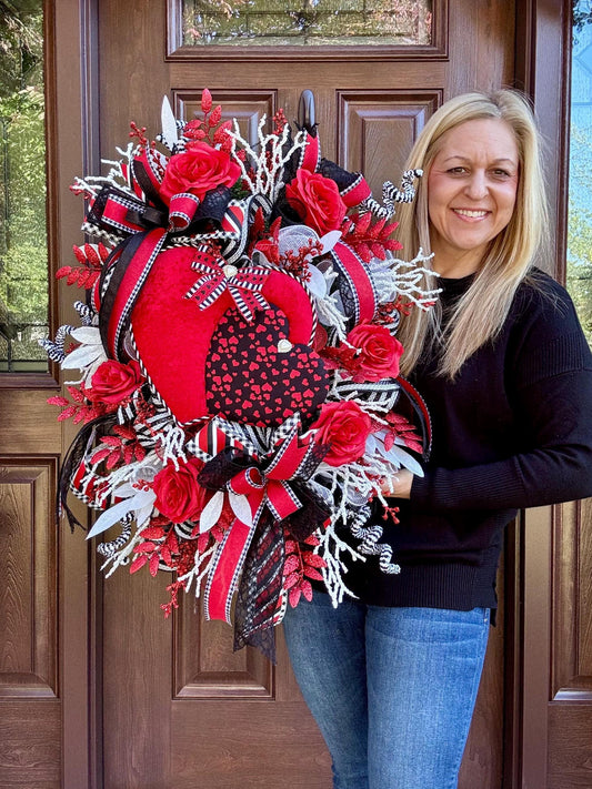 Large Heart Valentine Wreath for Front Door, Romantic Love Home Decor for Outdoor Porch or Indoor Office Hanging, Red Rose Wreath