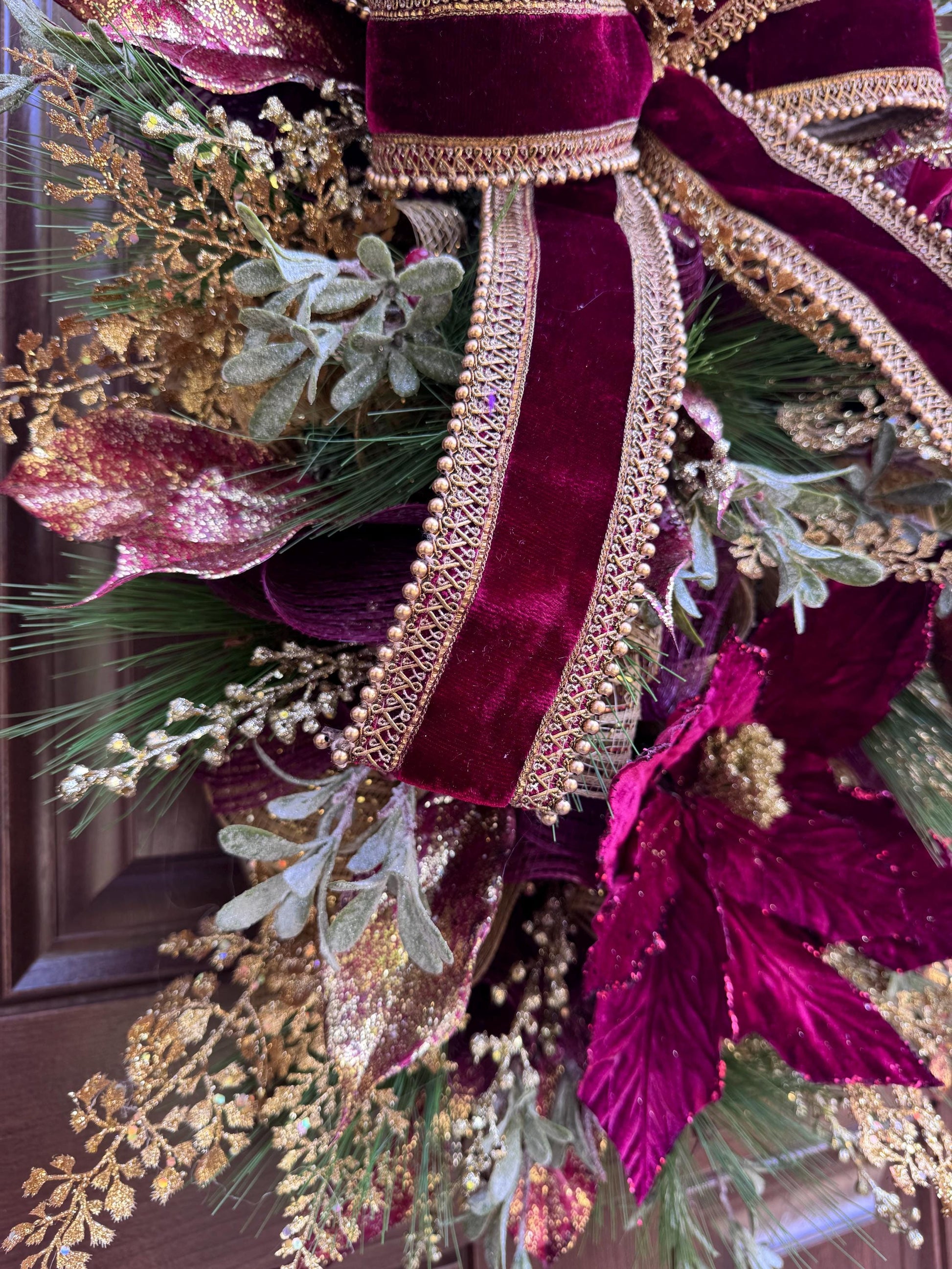 Elegant Burgundy and Gold Christmas Wreath – Velvet Bow & Poinsettias, Holiday Front Door Decor, Glamorous Winter Wreath
