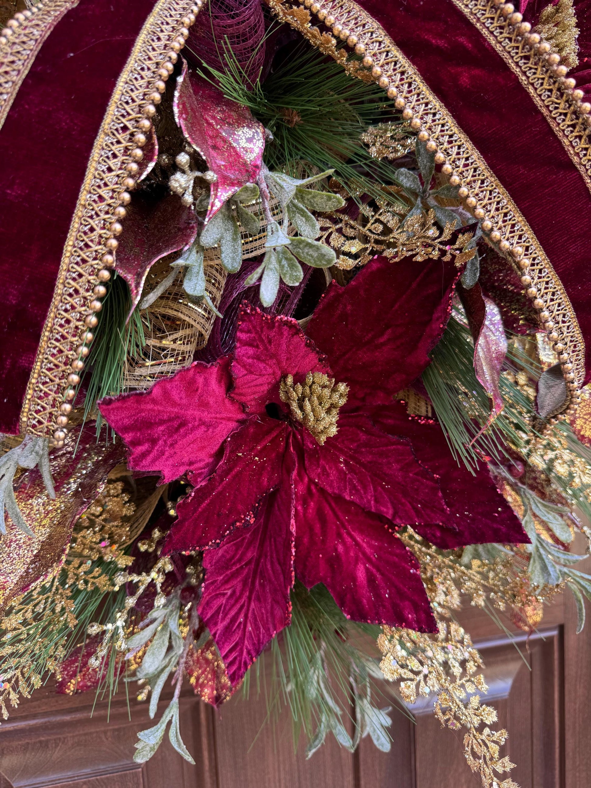 Elegant Burgundy and Gold Christmas Wreath – Velvet Bow & Poinsettias, Holiday Front Door Decor, Glamorous Winter Wreath