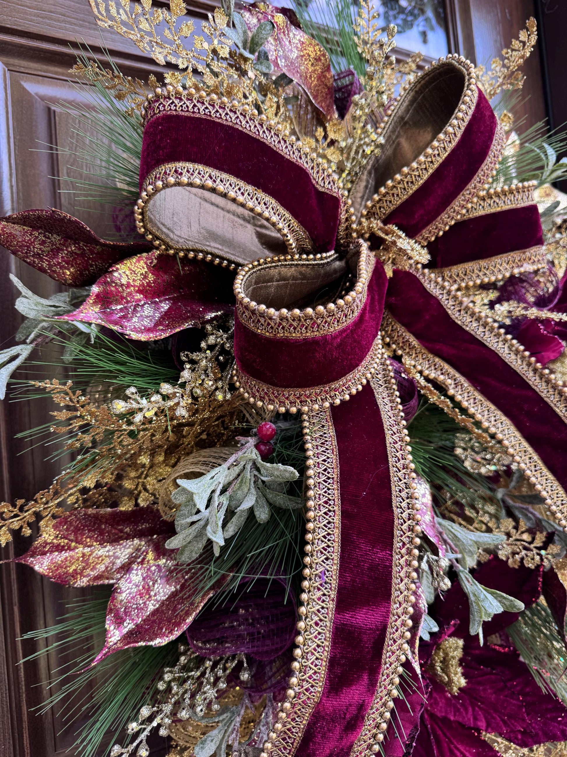 Elegant Burgundy and Gold Christmas Wreath – Velvet Bow & Poinsettias, Holiday Front Door Decor, Glamorous Winter Wreath