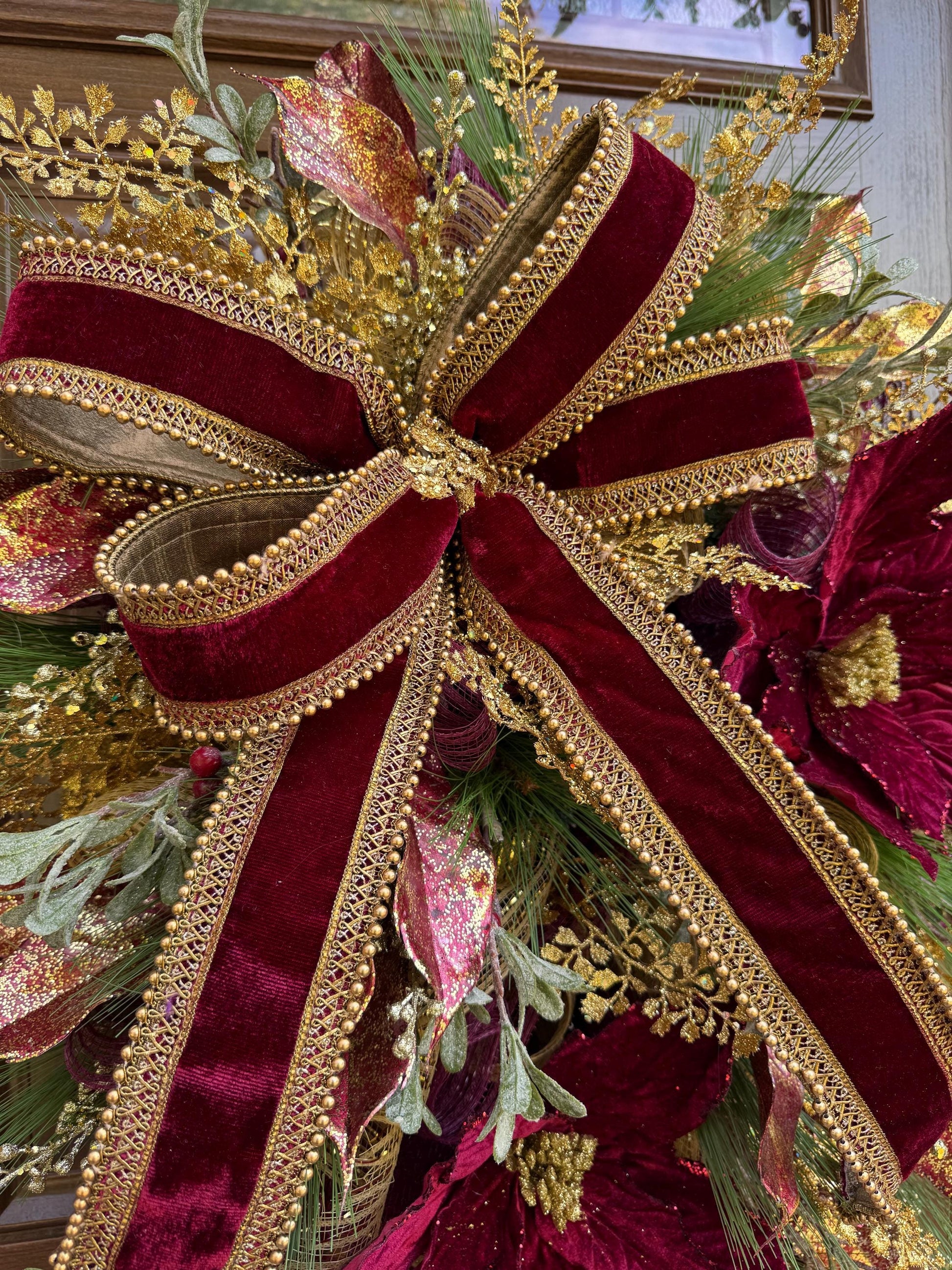 Elegant Burgundy and Gold Christmas Wreath – Velvet Bow & Poinsettias, Holiday Front Door Decor, Glamorous Winter Wreath