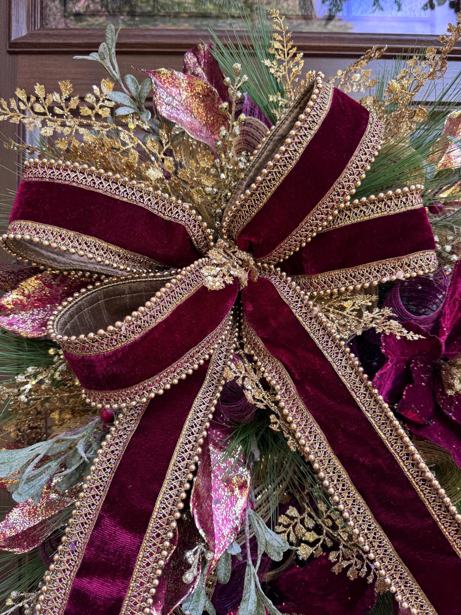 Elegant Burgundy and Gold Christmas Wreath – Velvet Bow & Poinsettias, Holiday Front Door Decor, Glamorous Winter Wreath
