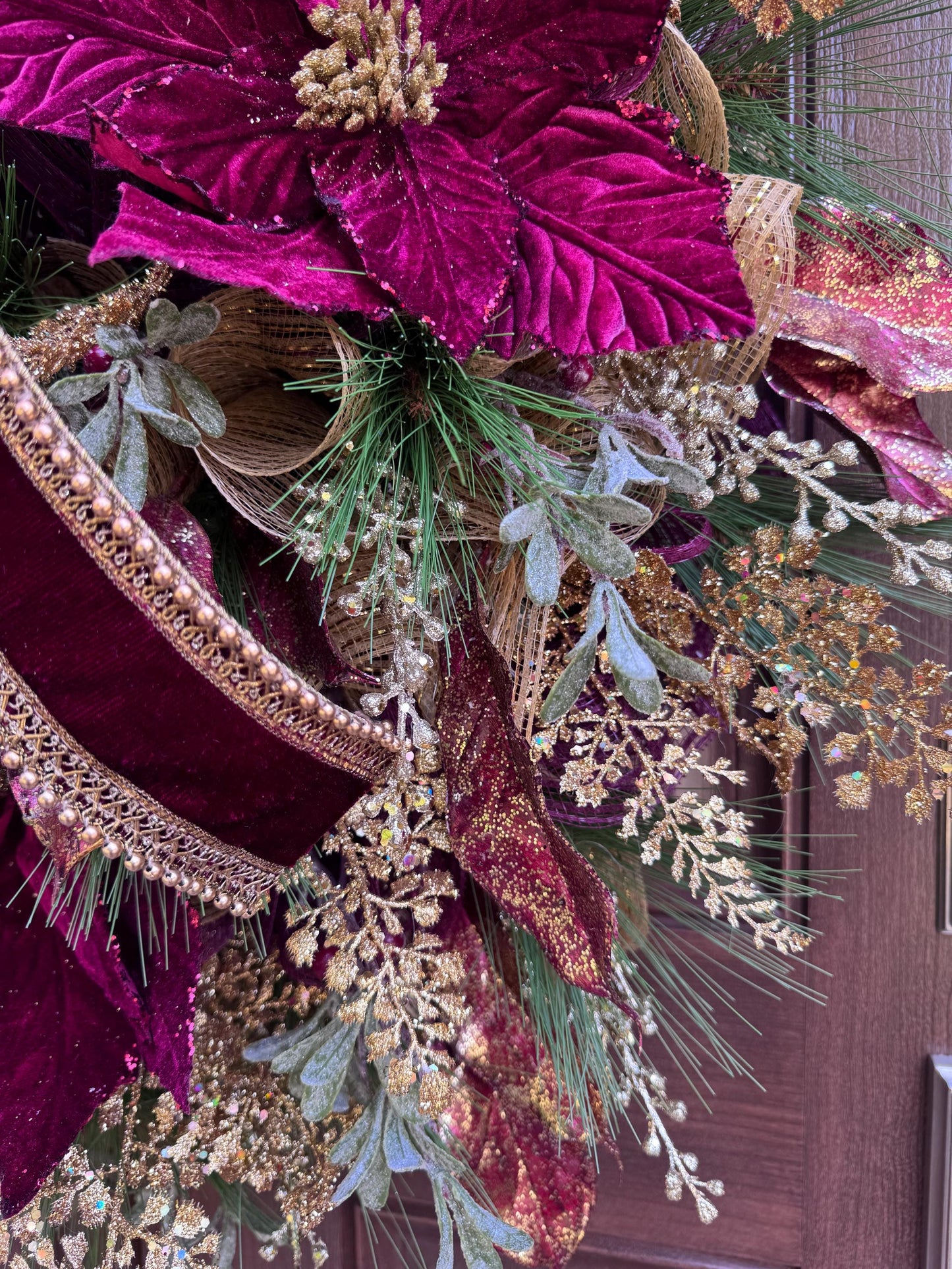 Elegant Burgundy and Gold Christmas Wreath – Velvet Bow & Poinsettias, Holiday Front Door Decor, Glamorous Winter Wreath