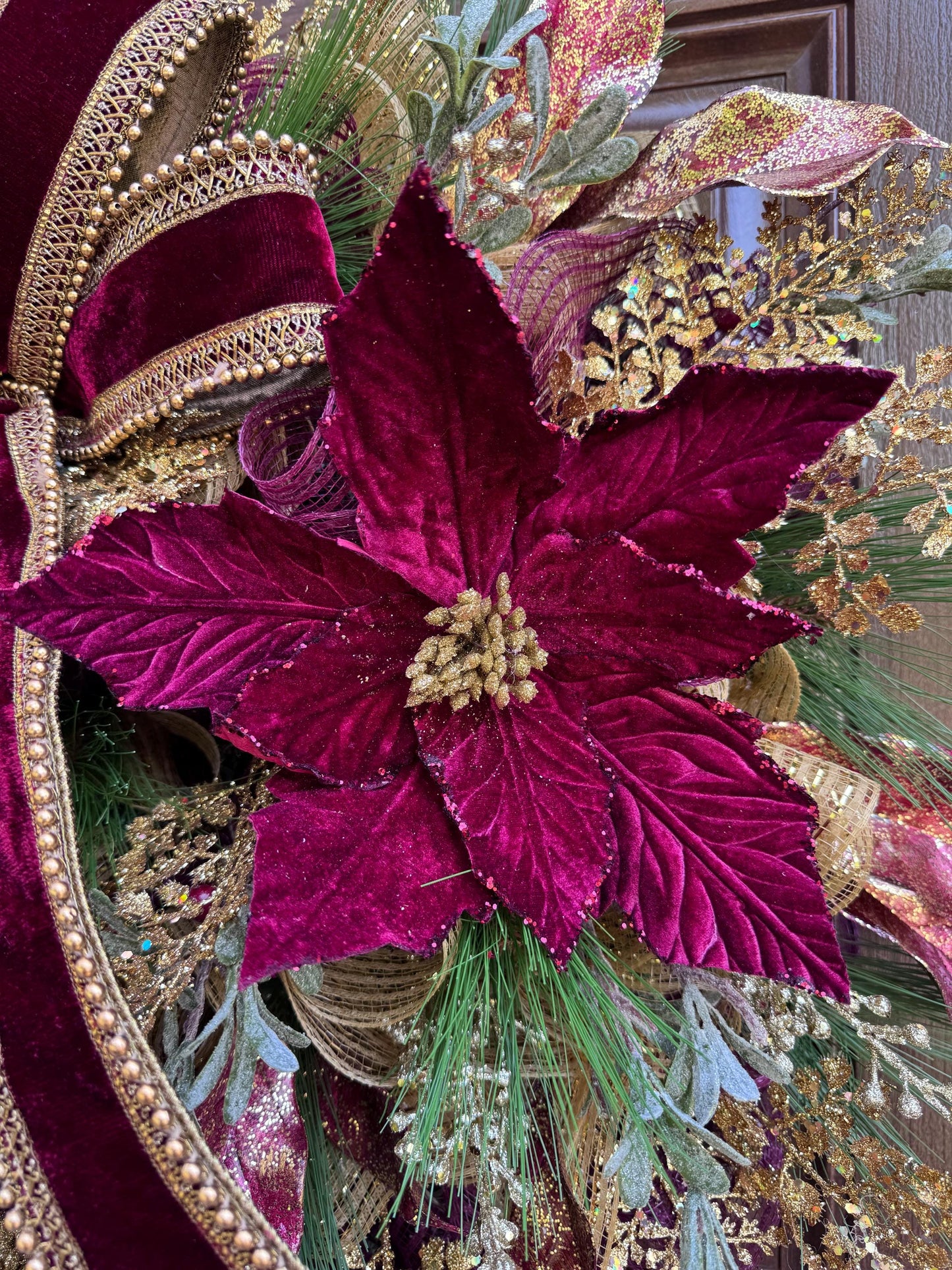 Elegant Burgundy and Gold Christmas Wreath – Velvet Bow & Poinsettias, Holiday Front Door Decor, Glamorous Winter Wreath