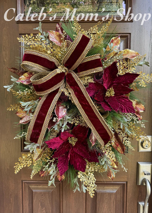 Elegant Burgundy and Gold Christmas Wreath – Velvet Bow & Poinsettias, Holiday Front Door Decor, Glamorous Winter Wreath